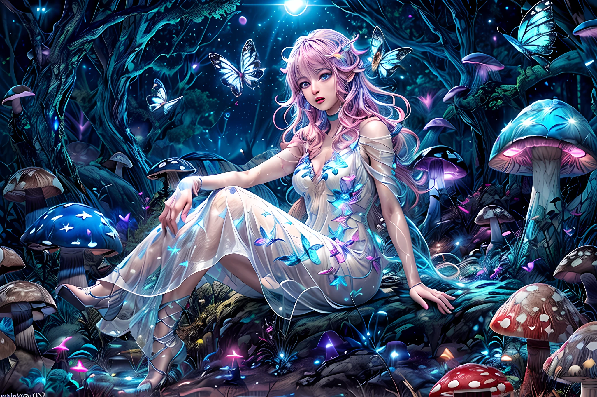 a picture of an exquisite beautiful female fairy sitting on a (Bioluminescent Mushroom: 1.4)  under the starry night sky at the forest, dynamic angle (ultra detailed, Masterpiece, best quality), ultra detailed face (ultra detailed, Masterpiece, best quality), ultra feminine, fare skin, (pink hair: 1.2), wavy hair, dynamic eyes color, glowing eyes, intense eyes, red lips, wearing white dress, elegant silk dress (ultra detailed, Masterpiece, best quality), butterfly wings butterfly_wings (ultra detailed, Masterpiece, best quality), wearing high heeled boots, phosphorous glowing  gl0w1ngR (Bioluminescent Mushroom: 1.3), with vibrant green shade, vibrant blue shade, sky full of stars background, moon, beat details, best quality, 8k, [ultra detailed], masterpiece, best quality, (ultra detailed), full body, ultra wide shot, photorealism, fantasy art, gl0w1ngR,