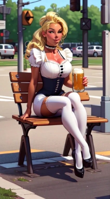 ((best quality)), ((masterpiece)), (detailed), perfect face, blonde Germanic 1girl sitting on a bench with a mug of beer in her hand, cross legged, octoberfest, sexy maid, bench, full length and white stockings