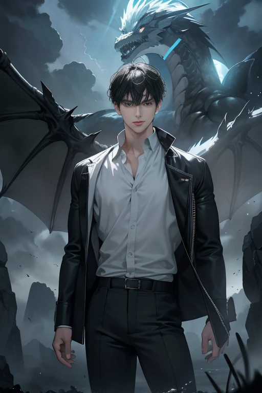 (RAW photo, best quality), (realistic, photo-realistic:1.3), Extremely Delicately Beautiful, Amazing, fine detail, mastery, ultra-detailed, highres, best illustration, best shadow, intricate, depth of field, (( (Giant Spirit:1.4))),head looking up,dream-state,nightmare,(Dramatic lighting:1.4),(looking from above:1.2),(overcast day,storming,复杂:1.4),Sharp focus,volume fog,8k UHD, DSLR ，high high quality，（filmgrain：1.4），Fujifilm XT3，Anime boy with black hair, white shirt and black jacket, young anime man, Anime handsome man, Tall anime guy with blue eyes, male anime character, Handsome anime pose, Anime boy，Dragon Slayer