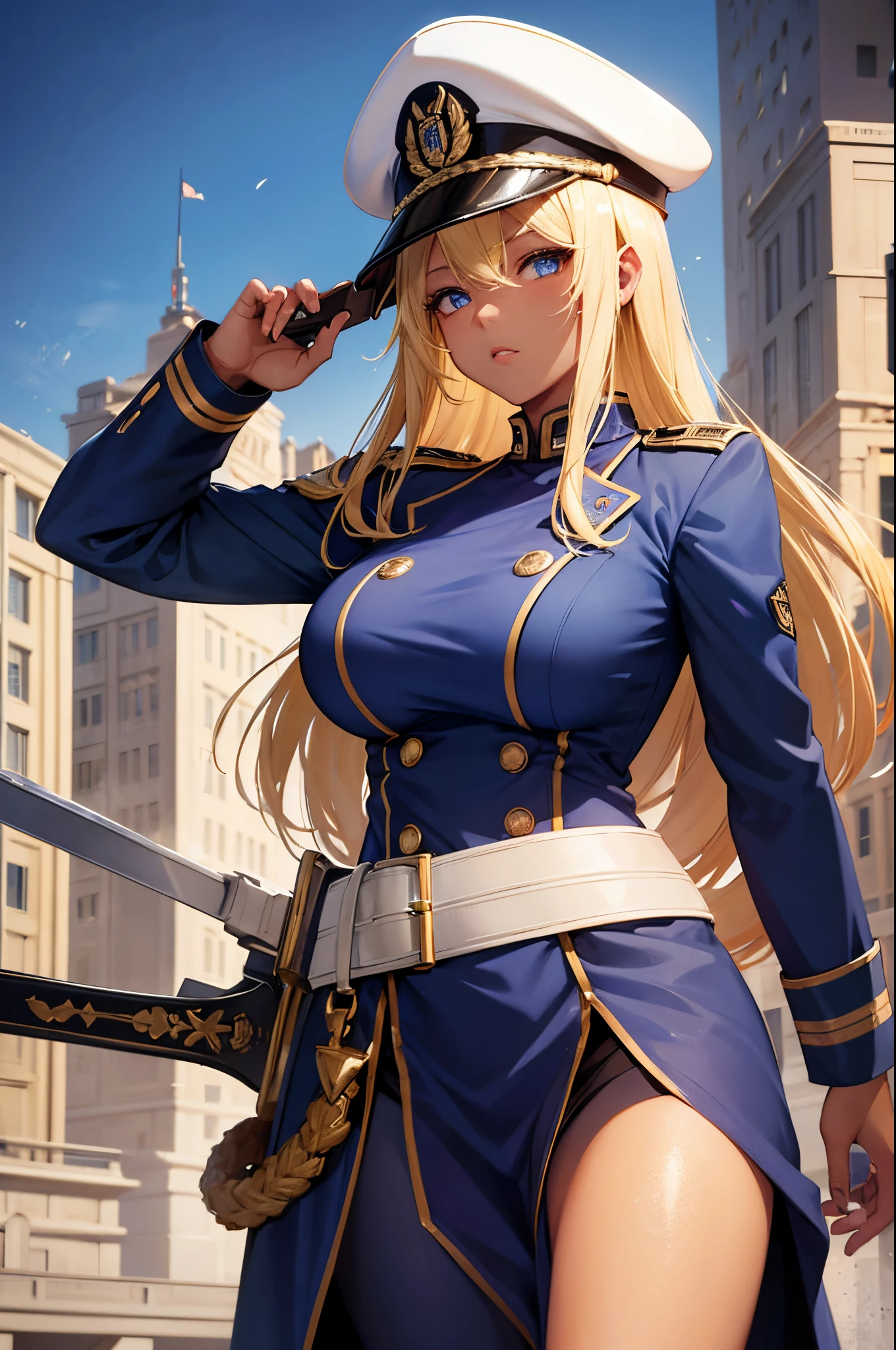 Female, Hime Cut Blonde hair, Blue eyes, dark brown skin, large breasts, wearing a military uniform and military cap and wielding a sword. A city background during the day time.