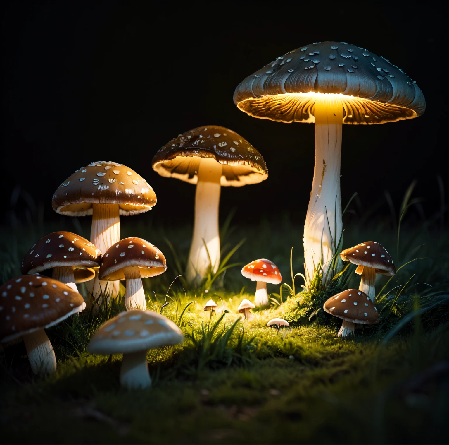 (masterpiece:1.2), (mushrooms:1.2), (glowing:1.3), dark, aura, grassy, nature, atmospheric, (fluorescent), night