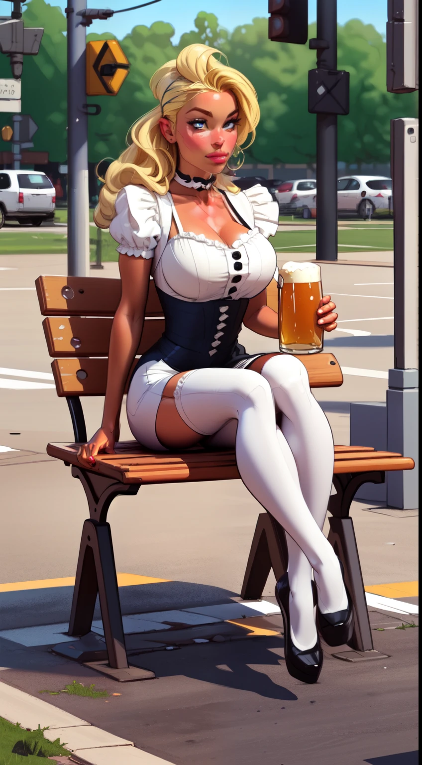 ((best quality)), ((masterpiece)), (detailed), perfect face, blonde Germanic 1girl sitting on a bench with a mug of beer in her hand, cross legged, octoberfest, sexy maid, bench, full length and white stockings