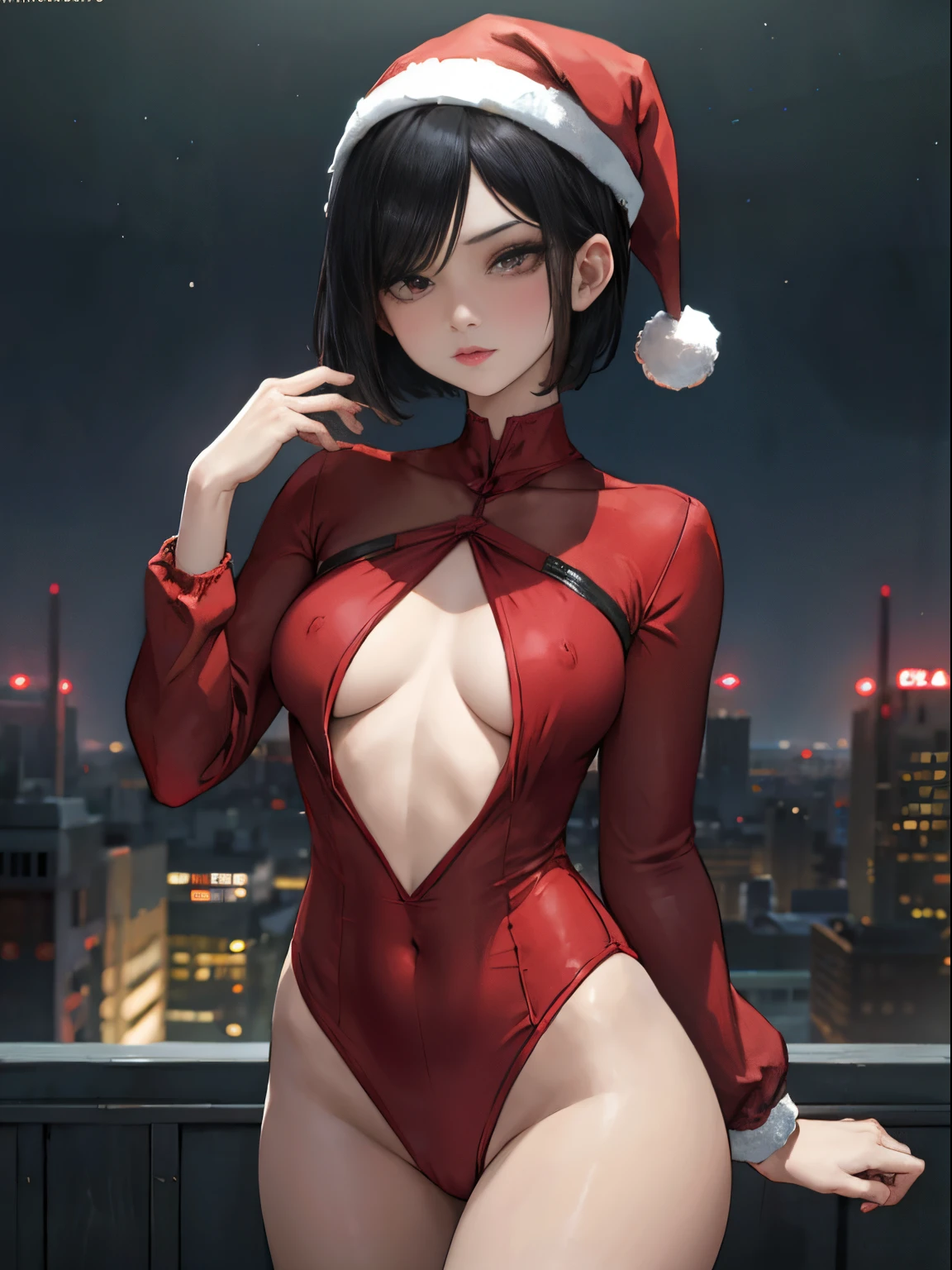 Slender woman、Super small breasts、Short bob with black hair、super sexy red santa costume、slutty eyes looking at camera、Night view of the city、