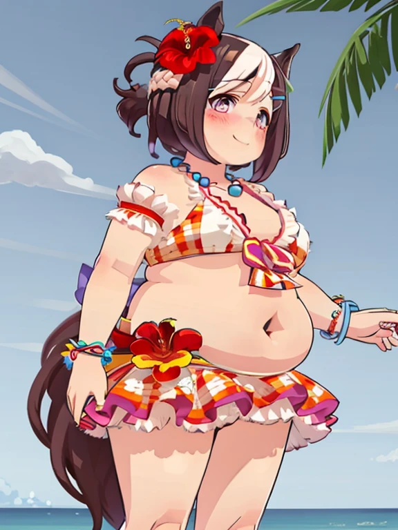 masterpiece, 4K, fat special_week_\(umamusume\), fat arms, fat butt, big thick thighs, chubby belly,  checkered bikini, bikini skirt, necklace, jewelry, hair flower, red hair flower, hibiscus, hairclip, bracelet, looking at viewer, smile, blush, horse tail, standing, beach, sunshine, tree