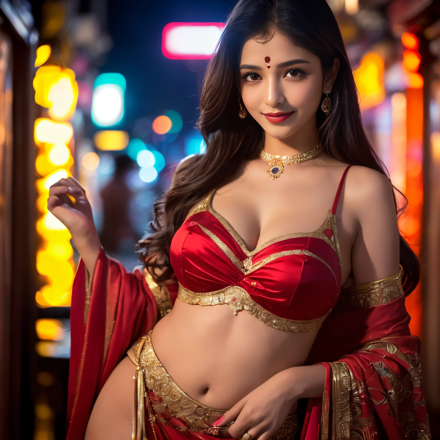 ((top-quality、masutepiece、8K、Top image quality、Highly complex and detailed depictions))、(indian whore pictures:1.3)、luxury indian red light district、the most luxurious prostitute costume、((most beautiful indian whore costumes、most gorgeous indian prostitute costumes、The most luxurious and obscene red-light district、An unimaginably huge entertainment district、A very luxurious and obscene red-light district in India、India&#39;s huge red light district at midnight、Very complex decoration)、(View me、Bewitching smile、long eyelashes、Perfect makeup、lipsticks、A slight smil)、(perfect anatomia:1.2)、(Depth of field is deep:1.5)、(Detailed and intricate red light district background:1.3)、(A vivid backdrop of obscene Indian red-light districts:1.3)、spectacular movie lighting、(romantic mood night:1.1)、(Perfectly recreate the atmosphere of India&#39;s red-light districts:1.3)、(obscene entertainment district:1.1)、(Obscene mood 1.1)