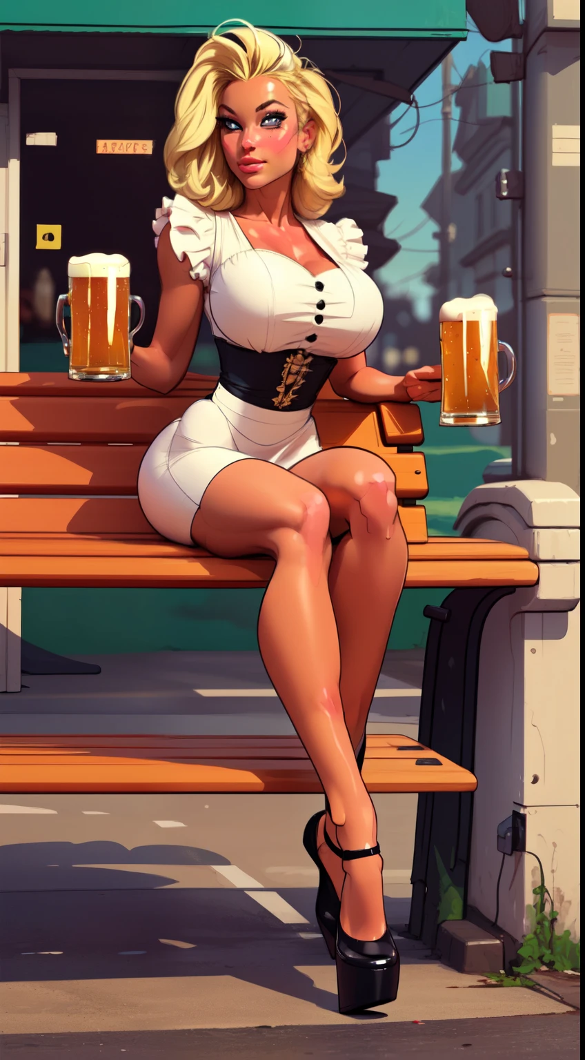 ((best quality)), ((masterpiece)), (detailed), perfect face, blonde Germanic 1girl sitting on a bench with a mug of beer in her hand, cross legged, octoberfest, sexy maid, bench, full length and white stockings