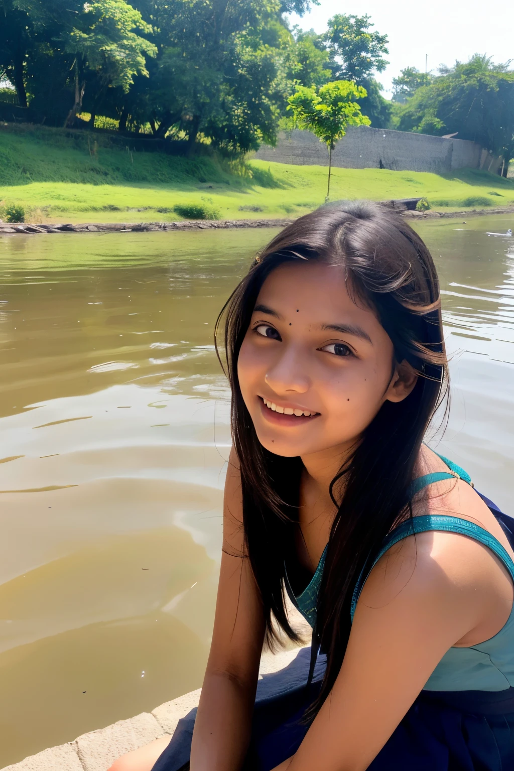 A rural indian teen age girl sits upon the steps leading to a river bank, her face glowing from the reflection of Sun in the river. seen from the water level of river ((best quality)), ((masterpiece)), (detailed), perfect face