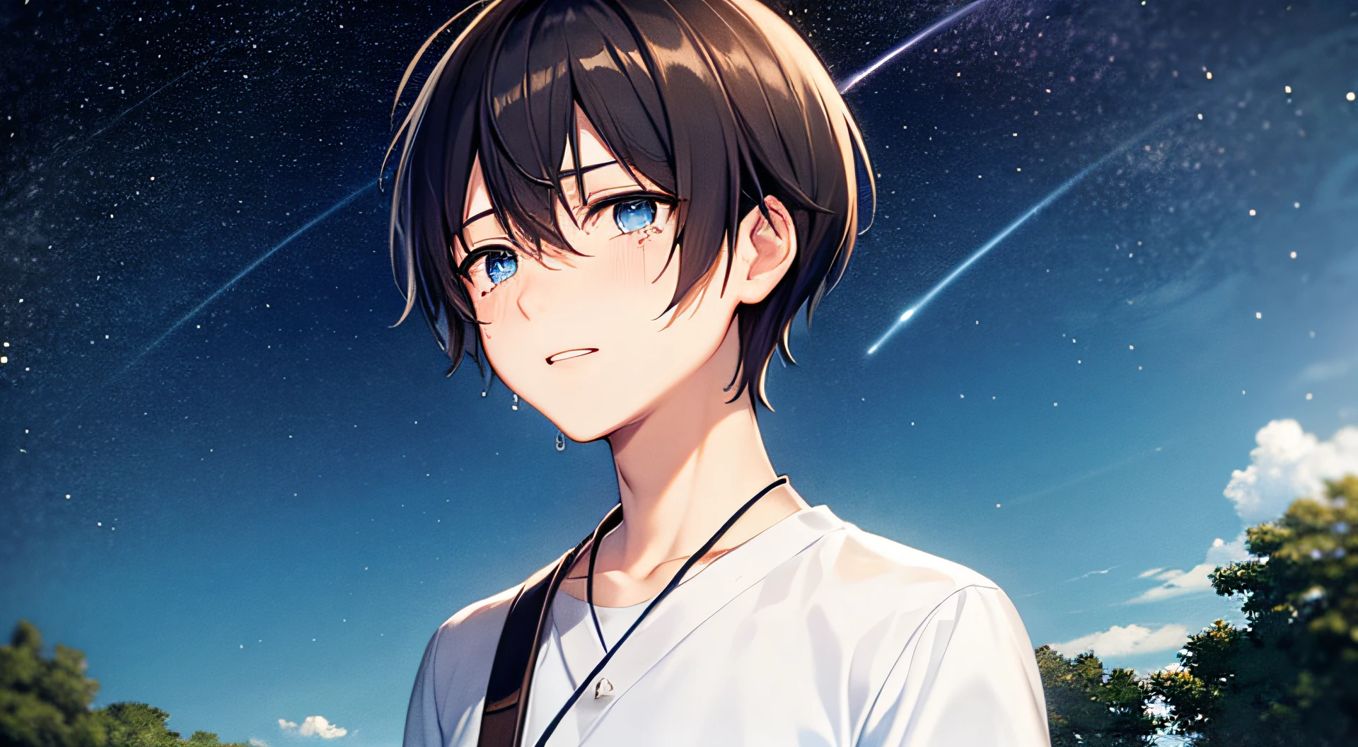young man shedding tears、nigh sky、A dark-haired、Blue eyes、One young man、short-hair、starrysky