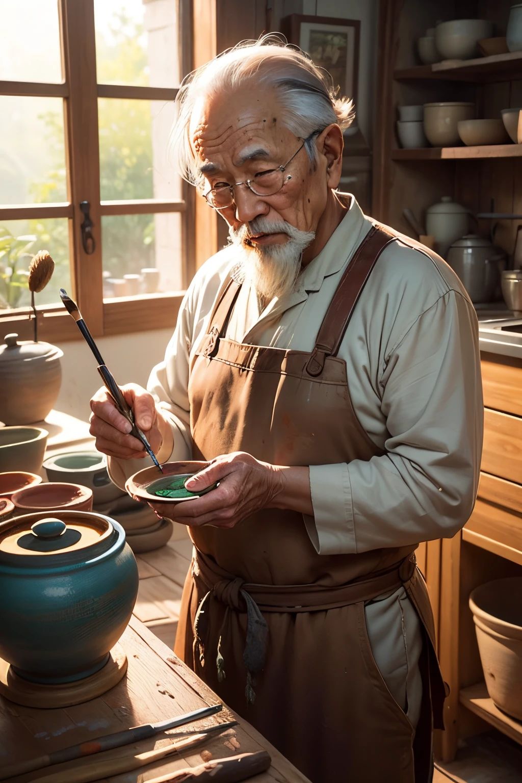 An old Asian man, Proficient in Ceramics、ceramic art, Has a unique painting style, in a rustic workshop, Surrounded by clay pots and ceramic sculptures, Wearing traditional work clothes with traces of mud and dust, Due to years of working with clay,His hands became rough、covered with calluses, His face is weathered,full of wisdom, There are wrinkles in his eyes,With a hint of mischief, He has a paintbrush in his hand, Immerse yourself in bright and vibrant colors, He effortlessly creates intricate patterns and designs on flower pots, One stroke at a time, The studio is filled with the earthy smell of wet clay and the soft sound of his brushes on ceramic surfaces. The paintings on the pot are unique,Fascinating, Combine traditional Asian patterns with abstract shapes and patterns, Create a fusion of culture and artistic styles. The colors are bold and vivid, Reflects the passion and creativity of the artist. The workshop is bathed in warmth, Natural light filtering through aging windows, Casts a soft glow on shelves filled with finished jars and sculptures, Each piece reflects the skill and craftsmanship of the old man. Every corner of the workshop is decorated with tools and brushes, Clay molds and pottery wheels, Shows dedication and love for his craft. It’s a scene that captures the essence of tradition and art, Discover the world of master craftsmen and their unique artistic expressions. (Best quality, A high resolution), (actual), (photography), (Concept artist), (vibrant with colors), (Warm color palette), (Soft and soft lighting).
