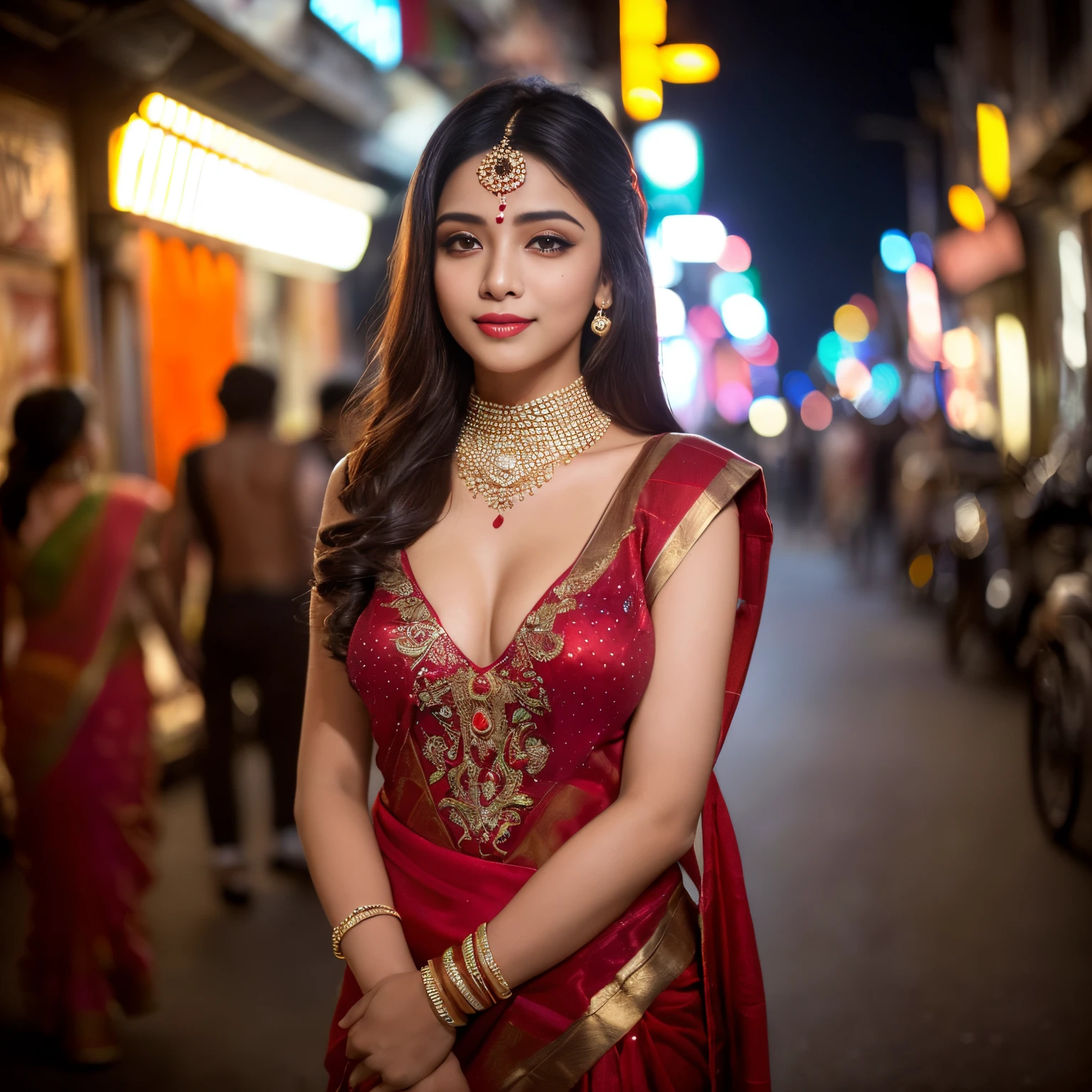((top-quality、masutepiece、8K、Top image quality、Highly complex and detailed depictions))、(indian whore pictures:1.3)、luxury indian red light district、the most luxurious prostitute costume、((most beautiful indian whore costumes、most gorgeous indian prostitute costumes、The most luxurious and obscene red-light district、An unimaginably huge entertainment district、A very luxurious and obscene red-light district in India、India&#39;s huge red light district at midnight、Very complex decoration)、(View me、Bewitching smile、long eyelashes、Perfect makeup、lipsticks、A slight smil)、(perfect anatomia:1.2)、(Depth of field is deep:1.5)、(Detailed and intricate red light district background:1.3)、(A vivid backdrop of obscene Indian red-light districts:1.3)、spectacular movie lighting、(romantic mood night:1.1)、(Perfectly recreate the atmosphere of India&#39;s red-light districts:1.3)、(obscene entertainment district:1.1)、(Obscene mood 1.1)