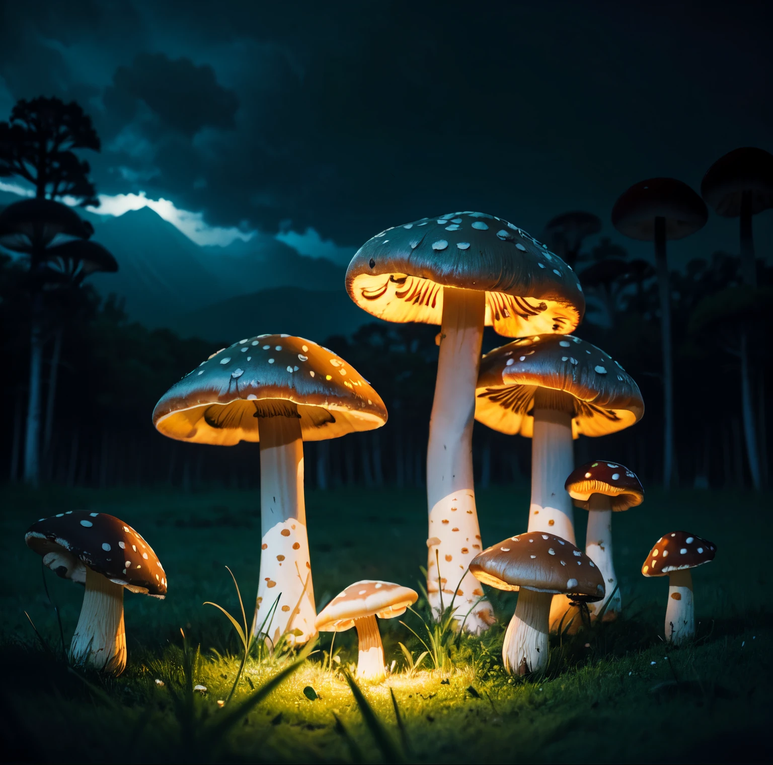 (masterpiece:1.2), (mushrooms:1.2), (glowing:1.3), dark, aura, grassy, nature, atmospheric, (fluorescent), night