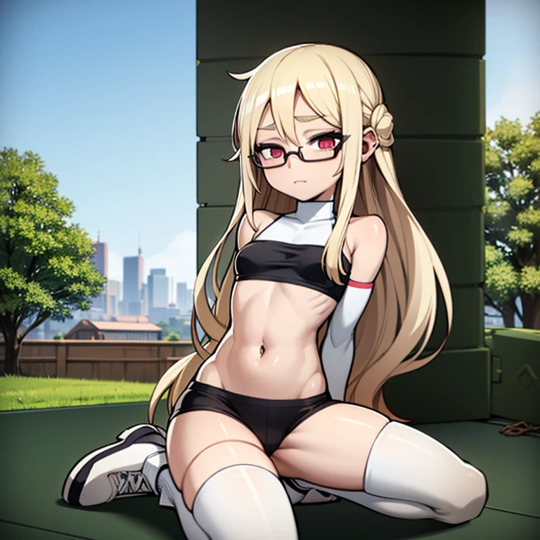 girl with long blonde hair with ribbons, tiny midriff, septum piercing, eyebrow piercing, black oval framed glasses, pink crop top, black shorts, white knee high socks, white leg warmers, chunky white tennis shoes, in a dumpster