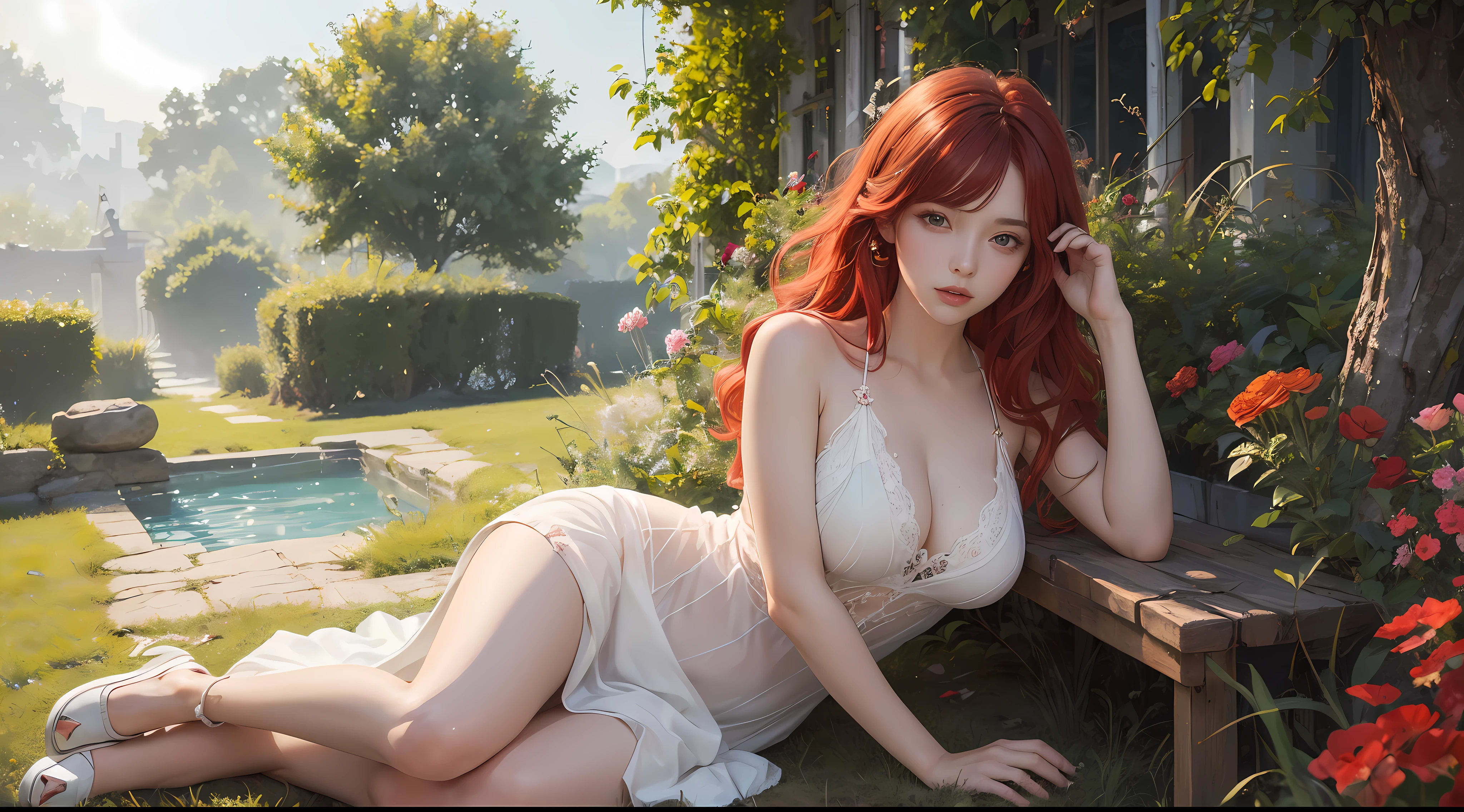 (masterpiece, top quality, best quality, official art, beautiful and aesthetic:1.2), (1girl:1.3), extremely detailed,  1girl, mature, red hair, red eyes, large breasts:1, Short white dress as thin as transparent, simple background