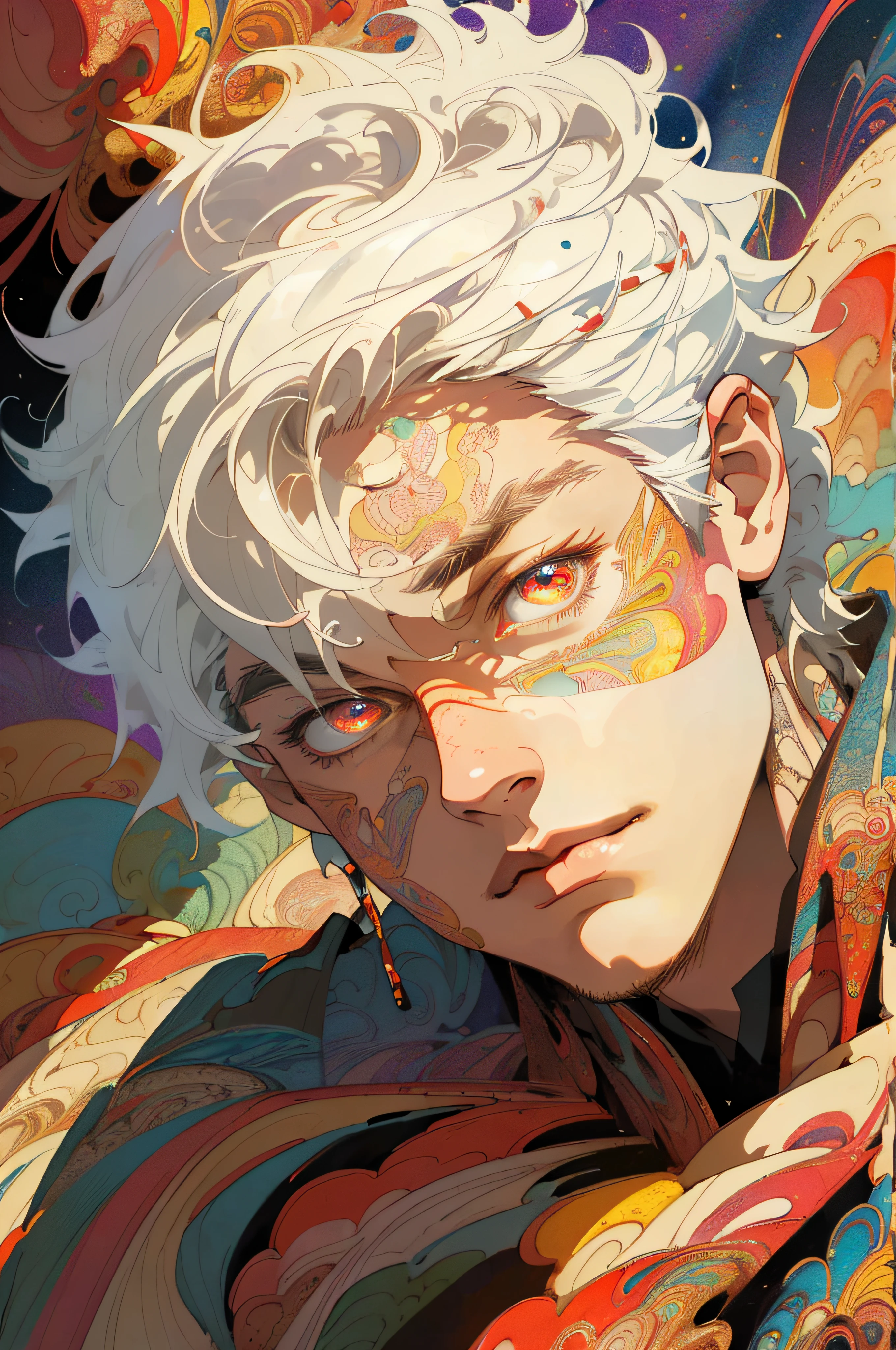 Realistic, (Masterpiece, Top Quality, Best Quality, Official Art, Beauty and Aesthetics: 1.2), Very Detailed, Fractal Art, Colorful, Most Detailed, Zentangle, (Abstract Background: 1.5) (1boy: 1.3), God, White Hair, Short Hair, (Glowing Red Eyes), Mysterious, (Magic), Ice, Handsome Man, ((Other Shore Flower, Garlic)), Yellow Spring, Hell