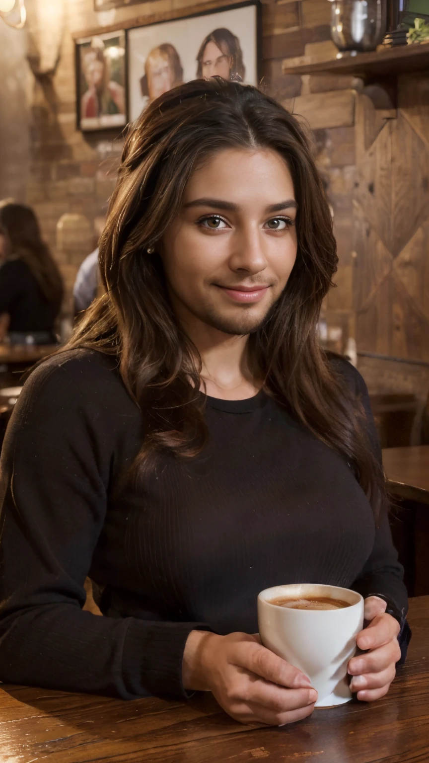 (best quality,4k,highres,ultra-detailed,realistic:1.37),vibrant portrait,beautiful restaurant worker lady with a beard,long beautiful hair,manly chiseled face,expressive eyes,lovely smile,stylish outfit,confident stance,coffee cup,cozy atmosphere,artistic lighting,rich color palette,bokeh