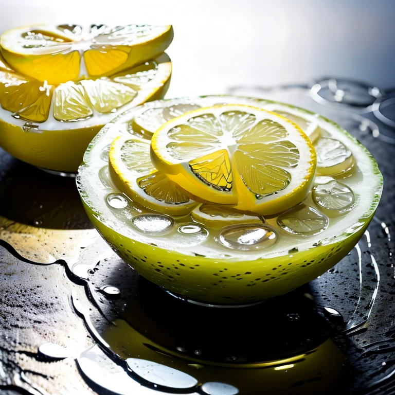 Cinematic shot of lemon slices against backdrop of table and water droplets, intrinsic details, hyper-realistic