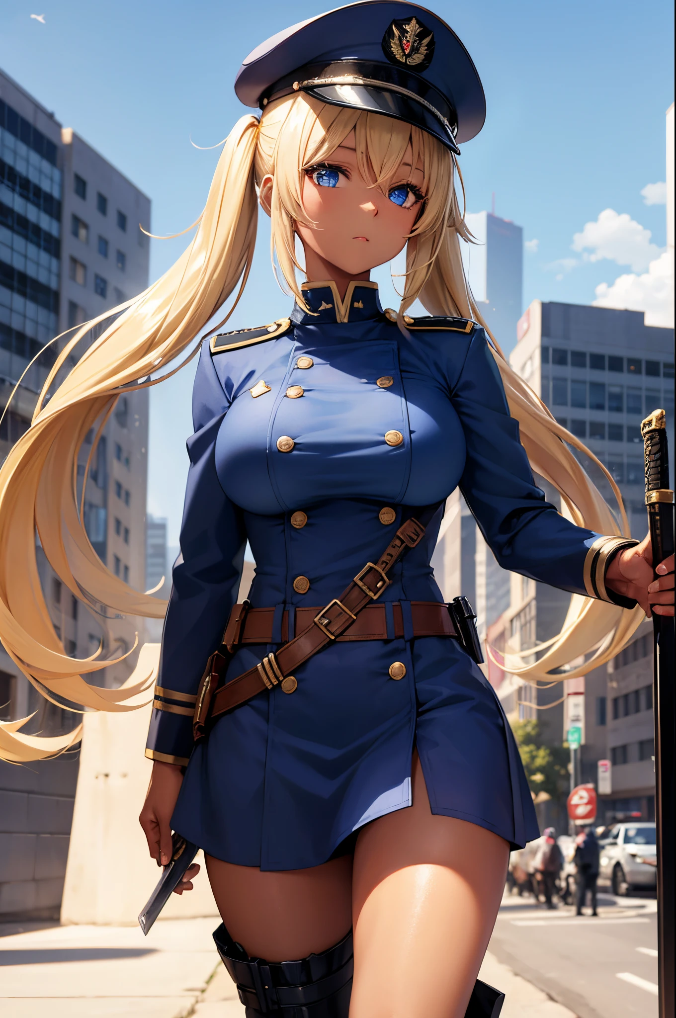 Female, Twintails Blonde hair, Blue eyes, dark brown skin, large breasts, wearing a military uniform and military cap and wielding a sword. A city background during the day time.