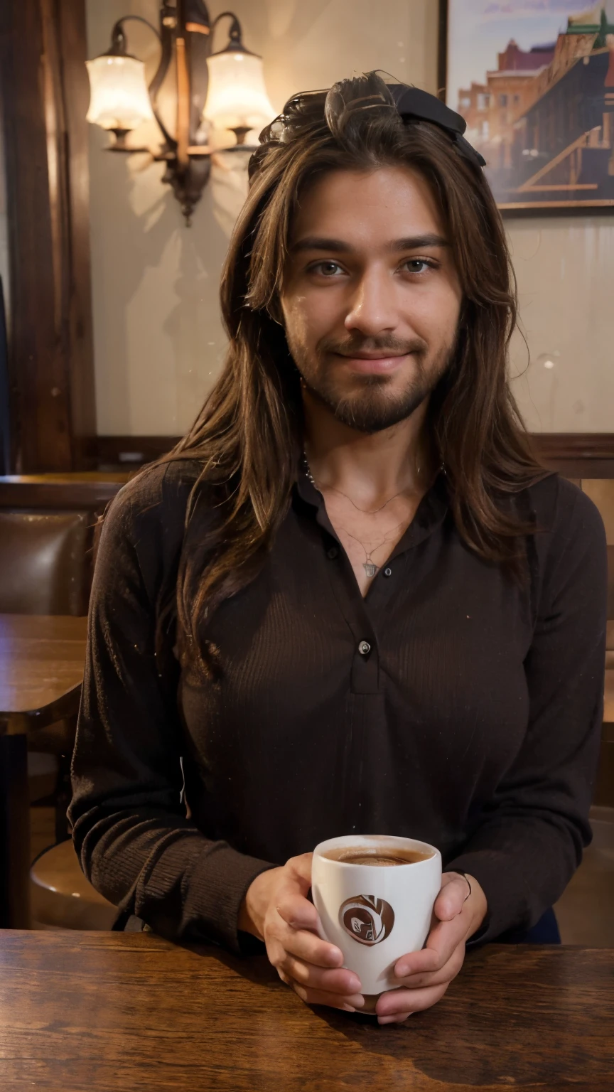 (best quality,4k,highres,ultra-detailed,realistic:1.37),vibrant portrait,beautiful cafe worker lady with a beard,long beautiful hair,manly chiseled face,expressive eyes,lovely smile,stylish outfit,confident stance,coffee cup,cozy atmosphere,artistic lighting,rich color palette,bokeh