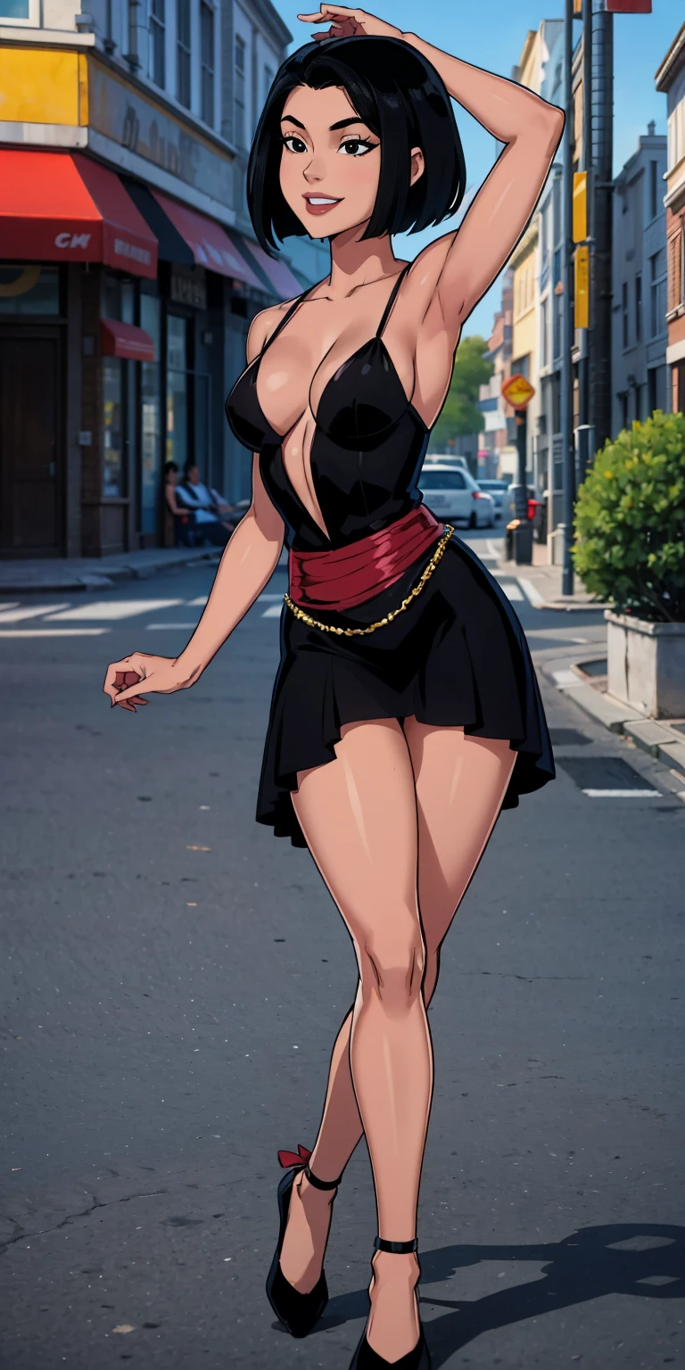 1 girl, teenage, black hair, short black hair, medium hair, bob hair, black eyes, flamenco dress, flamenco dancer, smile, city streets, sexy, masterpiece, high quality.