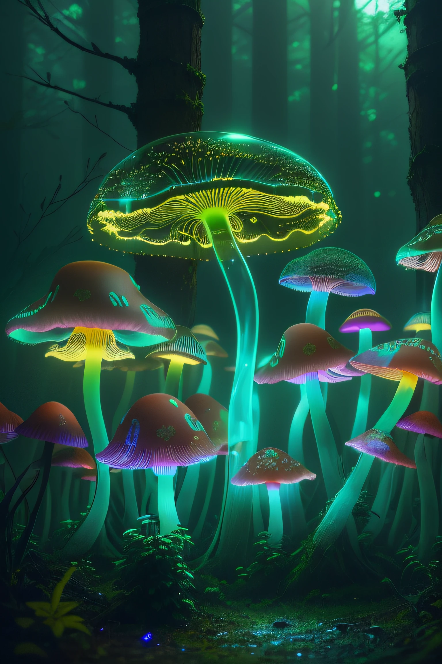 1 transparent glowing mushroom, Colorful transparent luminous plastic,cyber punk personage,industrial design,cleanness,luminous neon lights,forest backgrou,ultra-realistic realism,hyper HD,high detal,Best quality,8K