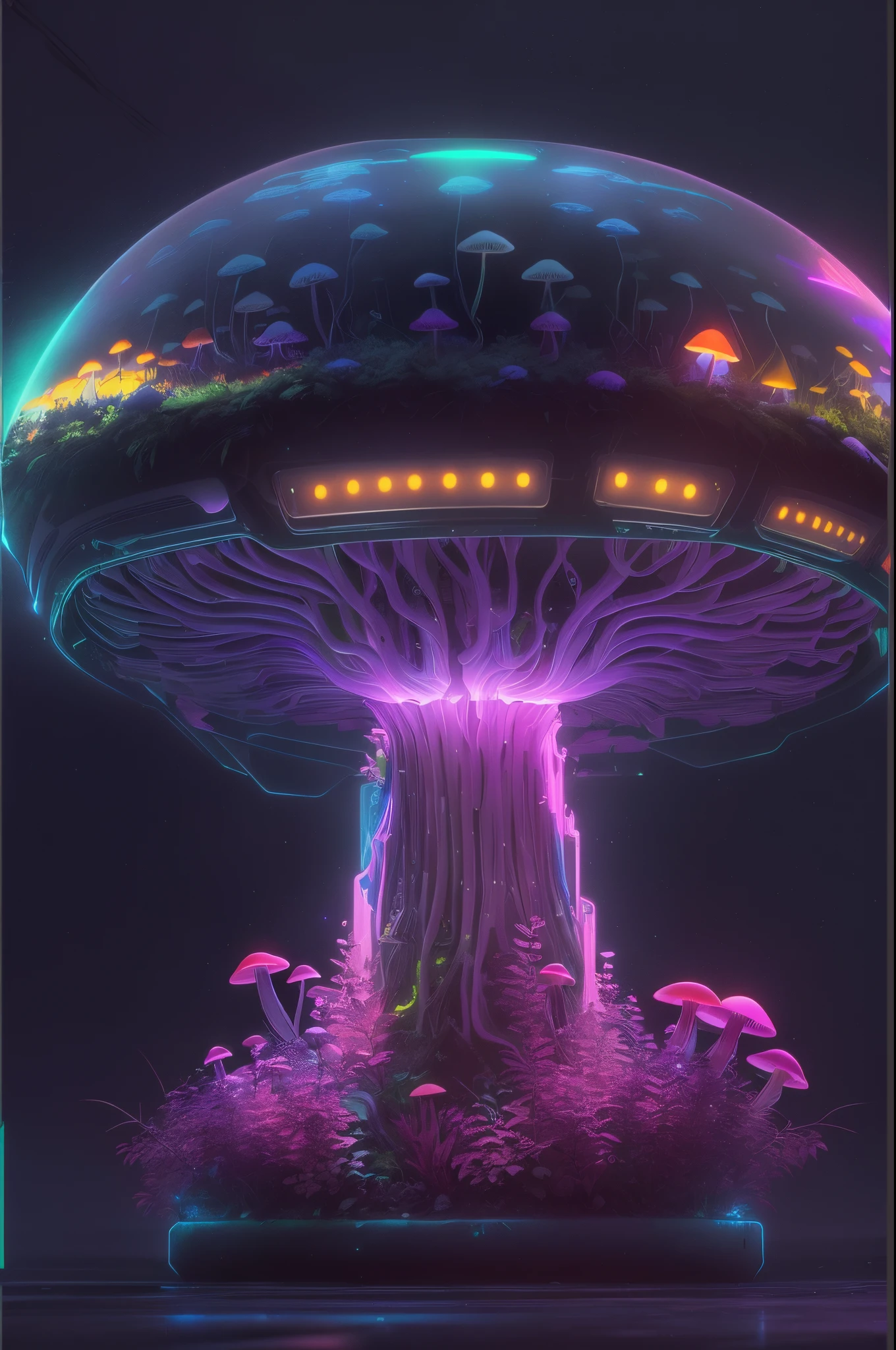 1 transparent glowing mushroom,Colorful transparent luminous plastic,cyber punk perssonage,industrial design,cleanness,luminous neon lights,forest backgrou,ultra-realistic realism,hyper HD,high detal,best qualtiy,4k