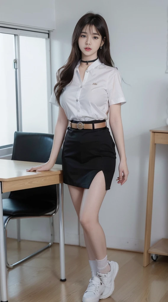 Absurd, 1girls, Blush, (Realistic:1.5), (masterpiece, extremely detailed cg unity 8k wallpaper, bestquality, highres:1.2), (ultra_Detailed, UHD:1.2), Perfect illumination, explicit, (1girls:1.4), looking at the audience, unreal engine, side light, perfect face, detailed face, Perfect body, beautidul eyes, pretty face, (bright skin:1.4), idol, (Abs), ulzzang-6500-v1.1,,((huge breast,))),((narrow waist))),(Shiny black hair), University Student Uniform, ((white blouse))),((Black leather skirt)),((in a classroom)),(((choker))),((White short-sleeved shirt)),((Black pencil skirt)),(belt),((stand)),(Full body:1.4),bang,Sharp eyes,Pecking at the corners of the mouth.......,Silver Earrings,Thai University Uniform Correct Anatomy