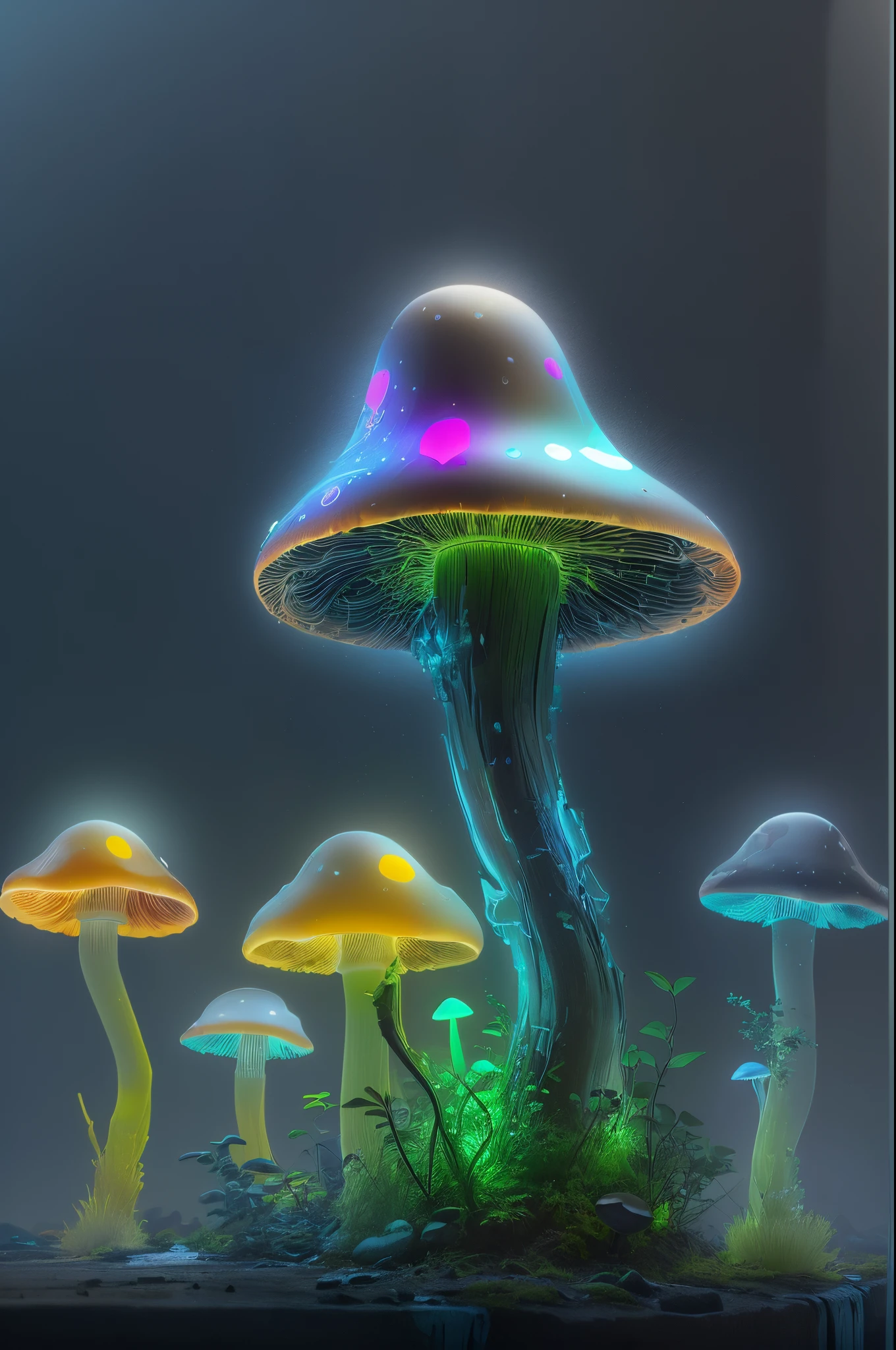1 transparent glowing mushroom,Colorful transparent luminous plastic,cyber punk perssonage,industrial design,cleanness,luminous neon lights,white backgrounid,ultra-realistic realism,hyper HD,high detal,best qualtiy,4k