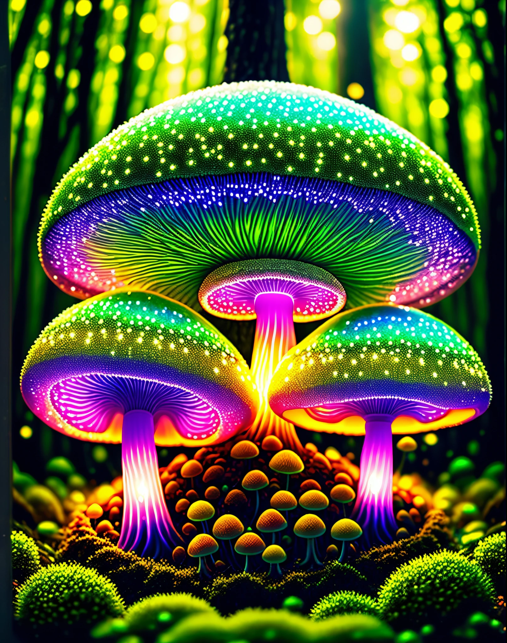 A magical forest of luminous mushrooms, their glowing caps casting an ethereal glow on everything around them. A misty glade with moss-covered trees and sparkling streams, framed by a canopy of starry lights. Inspired by the style of Kirsty Mitchell, the shot is taken from a low angle with a macro lens on a mirrorless camera, using a wide aperture and slow shutter speed to capture the intricate details and vibrant colors of the mushrooms. The lighting is mystical, with warm tones and soft highlights that create a sense of wonder and enchantment. 8K, best quality, high resolution，