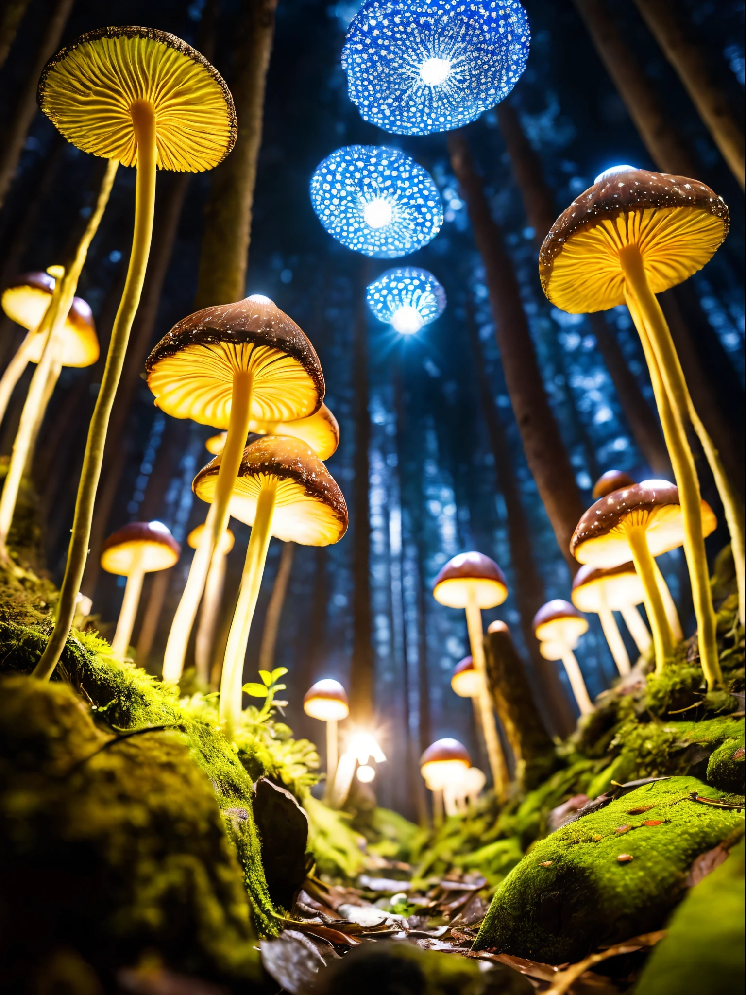 A magical forest of luminous mushrooms, their glowing caps casting an ethereal glow on everything around them. A misty glade with moss-covered trees and sparkling streams, framed by a canopy of starry lights. Inspired by the style of Kirsty Mitchell, the shot is taken from a low angle with a macro lens on a mirrorless camera, using a wide aperture and slow shutter speed to capture the intricate details and vibrant colors of the mushrooms. The lighting is mystical, with warm tones and soft highlights that create a sense of wonder and enchantment. 8K, best quality, high resolution，