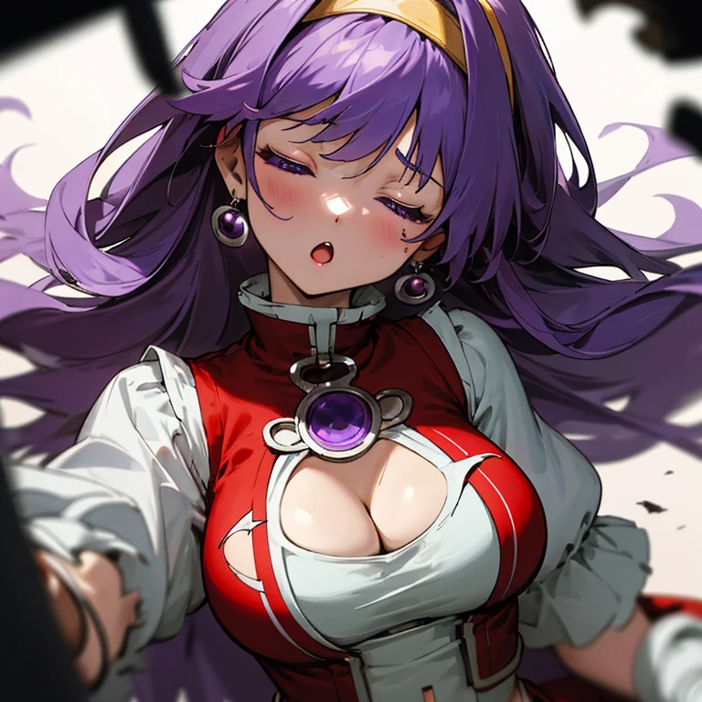 close up, head shot, from front, (masterpiece), (best quality), (ultra-detailed), intricate detail, athena97, 1girl, solo, purple eyes, purple hair, long hair, white earrings, yellow hairband, red heart ornament, medium breats, red vest, white turtleneck, white puffy sleeves, purple sphere shape necklace, white fingerless gloves, photography, (unconscious, pain),cleavage cutout, blurry background, on back, :o, dirty, torn clothes, closed eyes, standing, fisheye, falling, tearing up