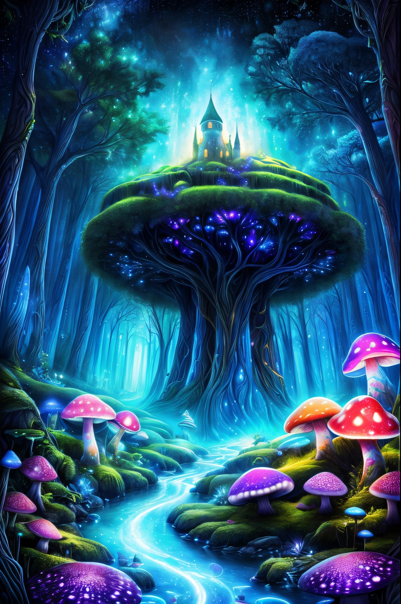 (Best quality at best, 8K, A high resolution, tmasterpiece:1.2), ultra - detailed, (actual, realistically:1.37), vibrant with colors, magical ambiance, Whimsical, ((A magical forest of luminous mushrooms, their glowing caps casting an ethereal glow on everything around them. A misty glade with moss-covered trees and sparkling streams, framed by a canopy of starry lights. Inspired by the style of Kirsty Mitchell, the shot is taken from a low angle with a macro lens on a mirrorless camera, using a wide aperture and slow shutter speed to capture the intricate details and vibrant colors of the mushrooms. The lighting is mystical, with warm tones and soft highlights that create a sense of wonder and enchantment. 8K, best quality, high resolution)), Surreal, Psychedelic, Complicated details, Beautiful texture, Ethereal, like a dream, Soft glowing light, Charming Patterns, fantastical creature, Hidden surprises, dreamlike landscapes, Surreal color palette, Mystic aura, ultra-realistic realism, Enchanting journey, psychedelic trip, vivid imagination, immersive experience, mysterious creature, otherworldly charm, glowing paths, Light up magic mushrooms, surreal environment, Whimsical castle, a magical encounter,Fascinating artwork