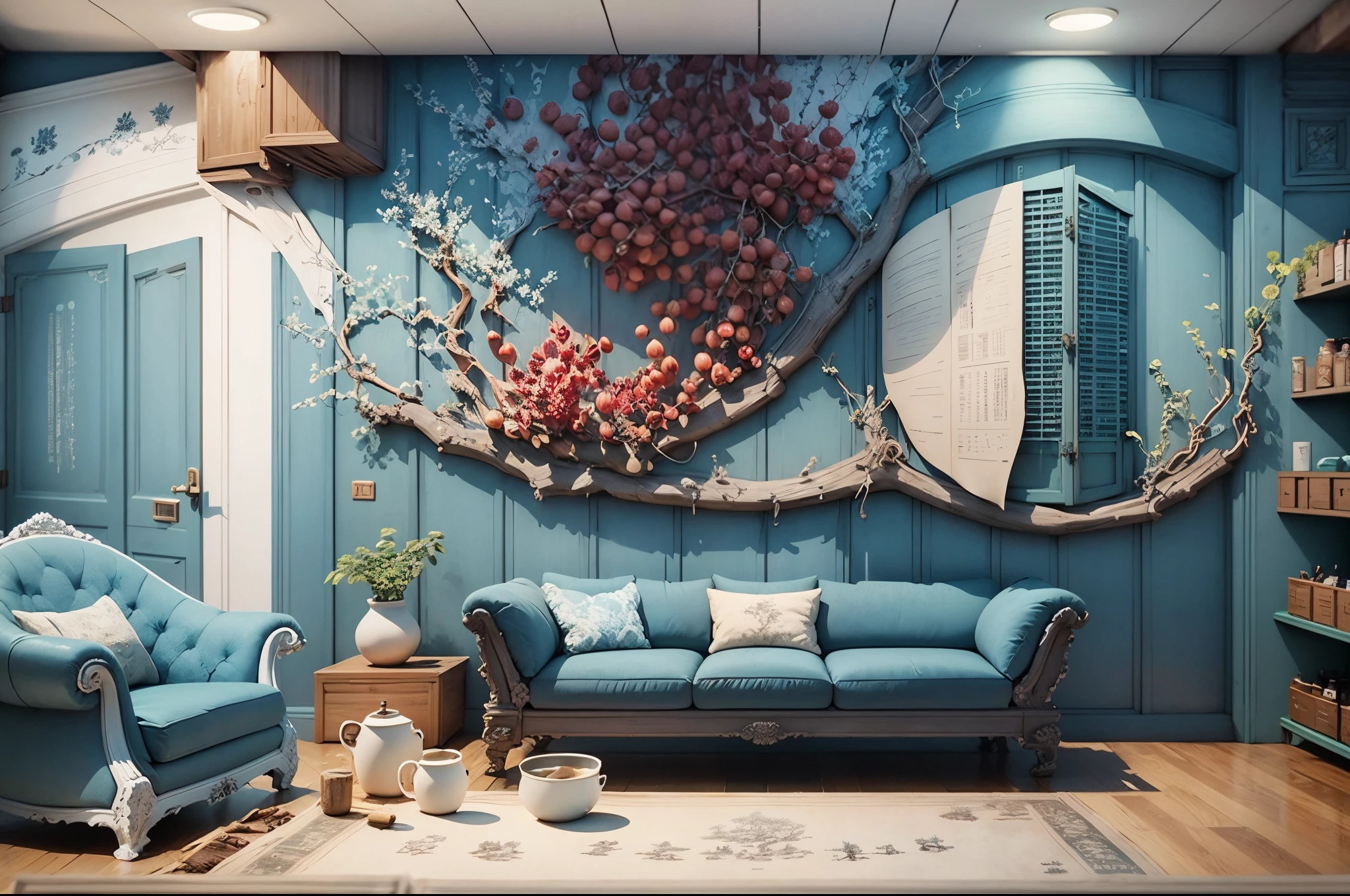 A live broadcast room for live selling goods，The background of the live broadcast is mainly sea blue.，There is a wine cabinet on the wall，All the products on display are Ocean Blue products.，The whole live broadcast scene is simple，There is texture --auto --s2
