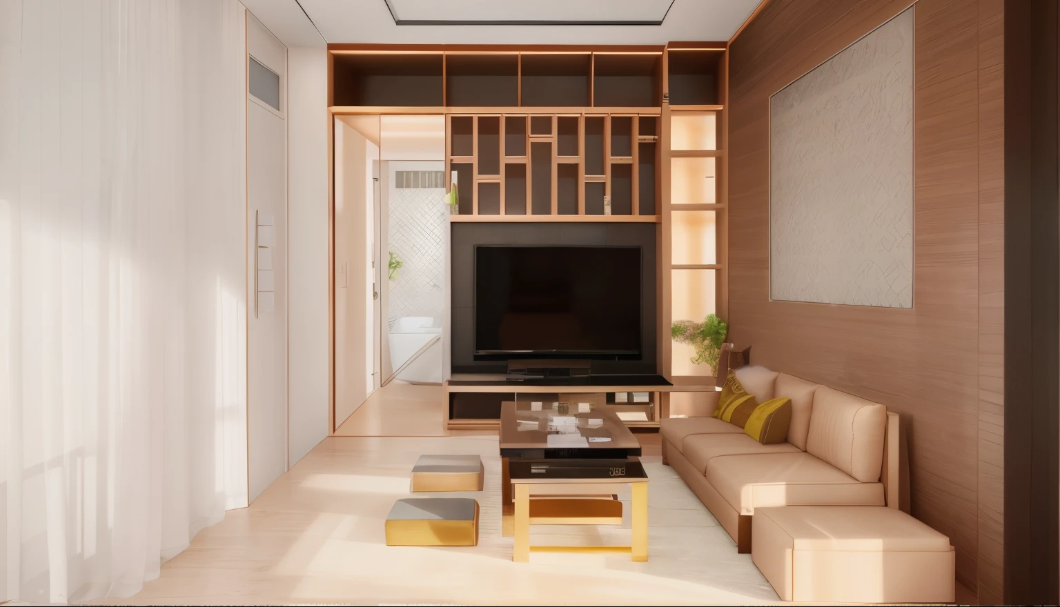 a rendering of a living room with a couch, coffee table, and television, interior living room, interior of a living room, living room interior, interior of a small room, an interior of room, living room interior design, interior design living room, apartment design, interior of room, in style of 3d render, residential design, interior room, comprehensive 2 d render