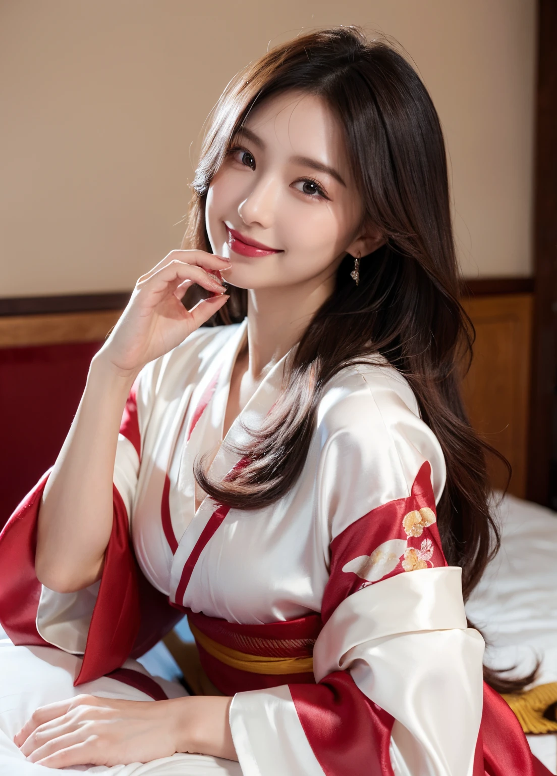 (Female, 22 years old), (medium breasts:1.3), Navel, hotels room、 ((Grab the viewer's hand)), (master piece: 1.3), (max resolution: 1.4), (UltraHD: 1.2), cinematric light, UltraHD, (Detailed eyes and skin), (detailed facial features), nffsw, 8K分辨率, Perfect Style, Beautiful expression、Highly detailed facial and skin texture、A detailed eye、二重まぶた、Glitter Eyeliner:1.2、(eyeshadows:1.3)、thin cheeks、(fair white skin:1.3)、shiny earrings,Red Rouge:1.2、shiny lip:1.2、((FULL BODYSHOT:1.2))、((From a very intimate distance:1.2))、((silk red kimono))、high-heels、(Layered Hair Style、dark pink hair)、medium-Long hair、(Very affectionate smile:1.2)