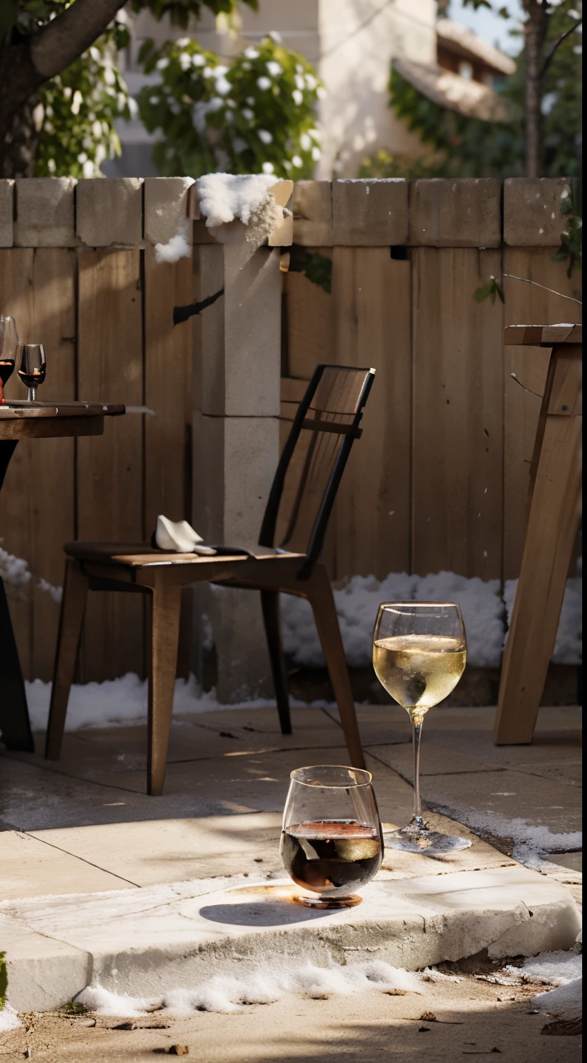Close-up of the scene,scene capture,photore,tmasterpiece,In Park,Outdoor dining table,a desk,A few chairs,(( a wine glass on the table )),Baijiu,Various desserts,In the daytime,bare sycamore tree,Bushes covered with snow,Winter sun,Winters,There is snow on the ground,c4d,Empty product display scene,Front view,first person perspective,Heads-up shooting,Real-world scenarios,without humans