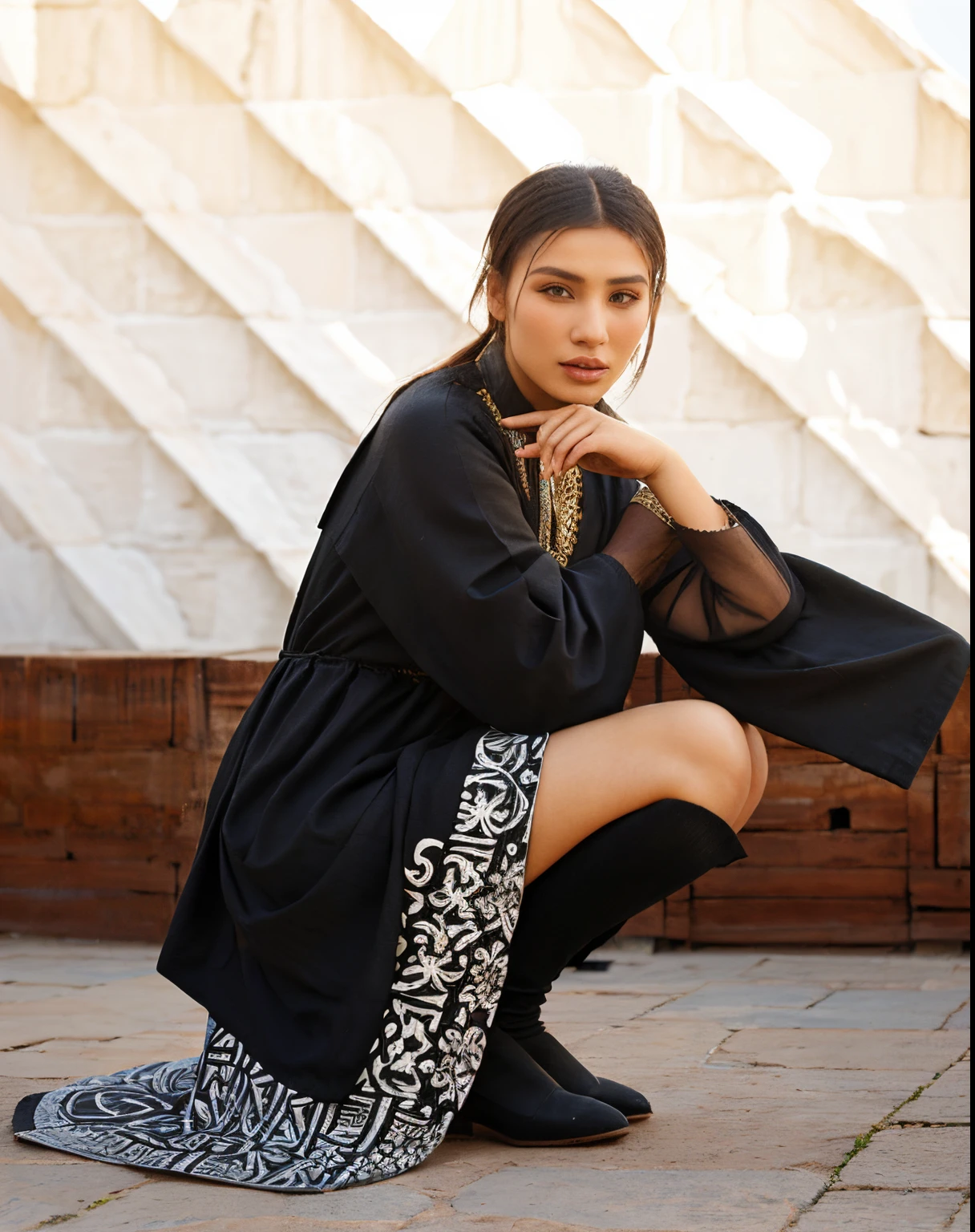 high fashion, hyperrealistic, dress in the style of the Ark Fortress, the ancient citadel in Bukhara, Uzbekistan, material with a traditional pattern or with drawings in the spirit of the works of artists of that time: at the same time, clothing models can both refer to those times and be quite modern, photorealistic, realhands