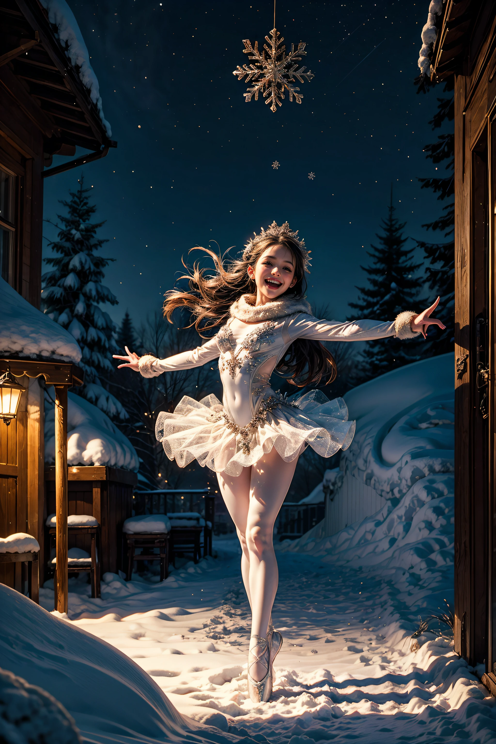 GIRL dancing snowflakes, children playing in the snow, fluffy snow-covered ground, warm glowing lights, cozy and festive atmosphere, joyful laughter and smiles, intricate decorations on the Christmas tree, shimmering ornaments, sparkling tinsel and garlands, beautiful ballerinas gracefully twirling and leaping, ethereal snowfall creating a magical backdrop, delicate snowflakes on eyelashes and winter attire, elegant costumes enchanting music filling the air, anticipation and excitement for the holiday season, a mesmerizing winter wonderland.