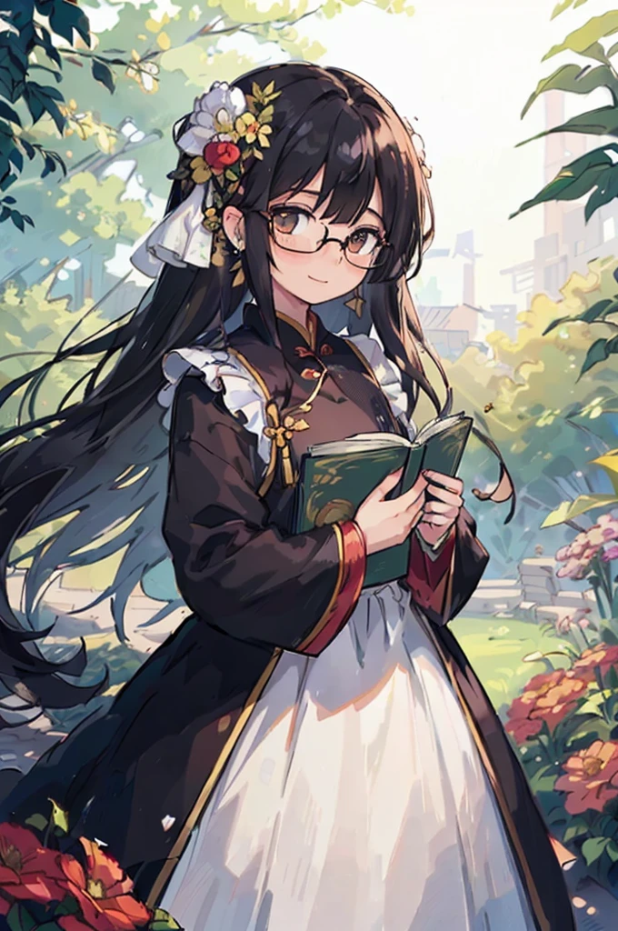 (tmasterpiece、top-quality、illustratio、Extremely high quality、high-level image quality、Extremely sensitive writing)Girl with long black hair standing in a garden with beautiful flowers、A slight smile、she has foreign books、Cute national costume style dress、The dress is Chinese style、The dress is black、Hair fluttering in the wind、Eyes are red、I wear glasses、glasses are black、I'm wearing flower earrings in my ears.