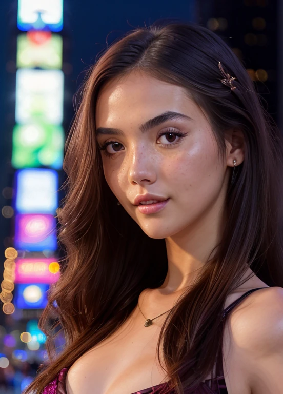 (masterpiece), best quality, ultra high res, close up, slim body, 1girl,one piece dress, long hair, serious, vine glass full of vine , night, new york time square background, colorful lights, photon mapping, radiosity, physically-based rendering, cinematic lighting, intricate, High Detail, Sharp focus, dramatic, photorealistic