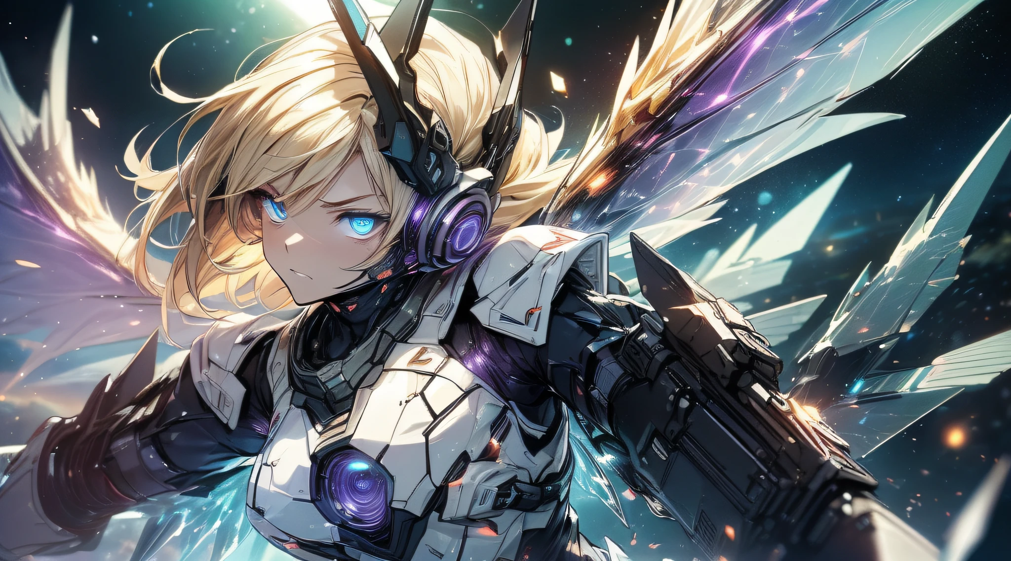 top-quality、Top image quality、​masterpiece、girl with((White suit、glowing mechanic suit、18year old、teen ager、cute little、Best Bust、big bast,Beautiful shining purple eyes、Breasts wide open, a blond、Longhaire、A slender,Large valleys、belligerent movements,sharp claws、sniper rifles、head phone、black bright wings、fighting poses、being filmed、splatters、Feeling of sprinting)),hiquality、Beautiful Art、Background with((Space Battlefield)))、Depth(planet earth）,masutepiece、depth of fields,Cinematic style