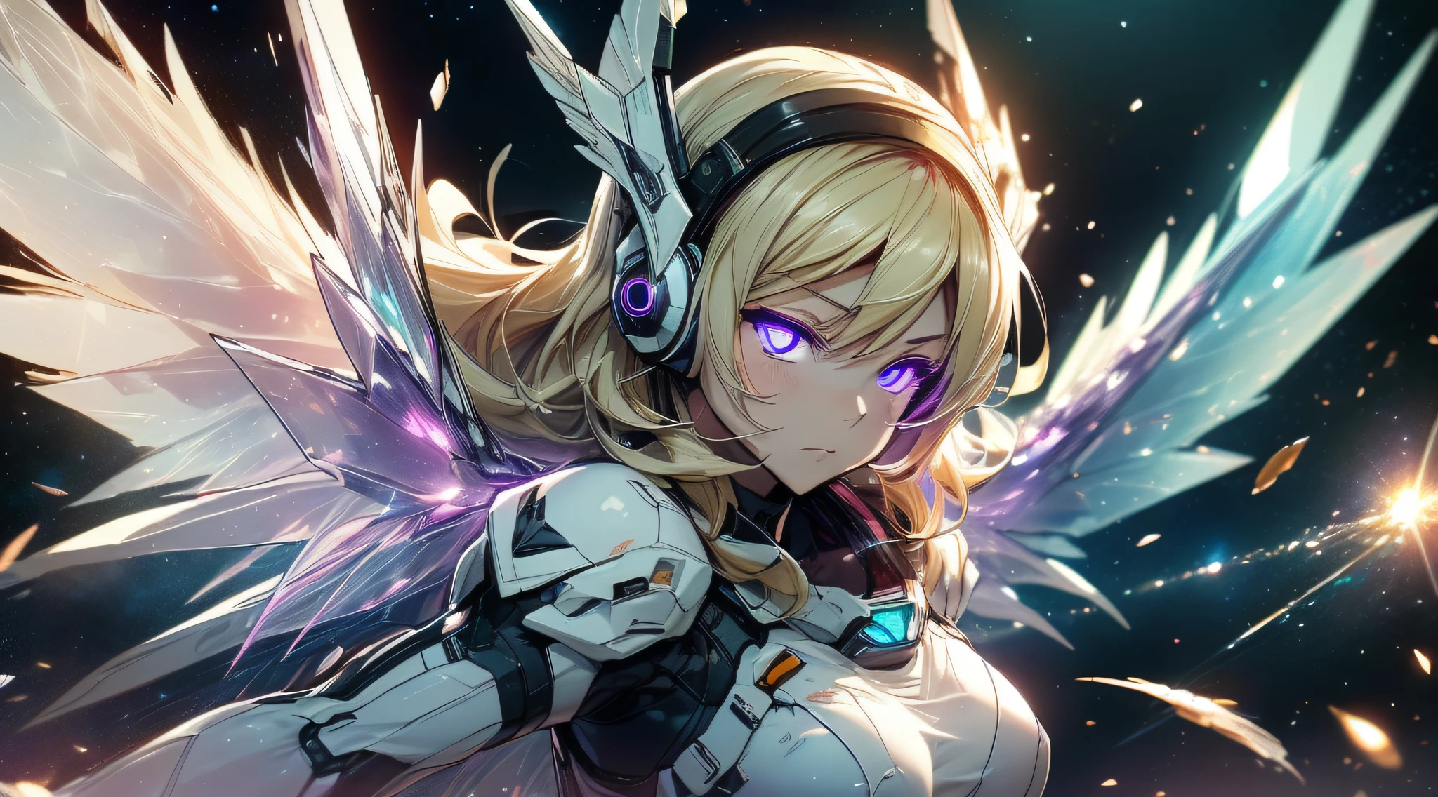 top-quality、Top image quality、masterpiece、girl with((White suit、glowing mechanic suit、18year old、teen ager、cute little、Best Bust、big bast,Beautiful shining purple eyes、Breasts wide open, a blond、Longhaire、A slender,Large valleys、belligerent movements,sharp claws、sniper rifles、head phone、black bright wings、fighting poses、being filmed、splatters、Feeling of sprinting)),hiquality、Beautiful Art、Background with((Space Battlefield)))、Depth(planet earth),masutepiece、depth of fields,Cinematic style