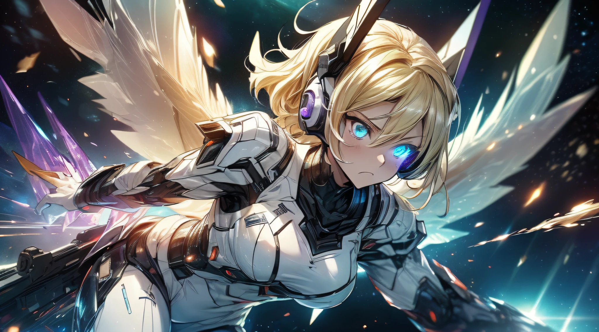 top-quality、Top image quality、​masterpiece、girl with((White suit、glowing mechanic suit、18year old、teen ager、cute little、Best Bust、big bast,Beautiful shining purple eyes、Breasts wide open, a blond、Longhaire、A slender,Large valleys、belligerent movements,sharp claws、With sniper rifle、head phone、black bright wings、fighting poses、being filmed、splatters、Feeling of sprinting)),hiquality、Beautiful Art、Background with((Space Battlefield)))、Depth(planet earth）,masutepiece、depth of fields,Cinematic style