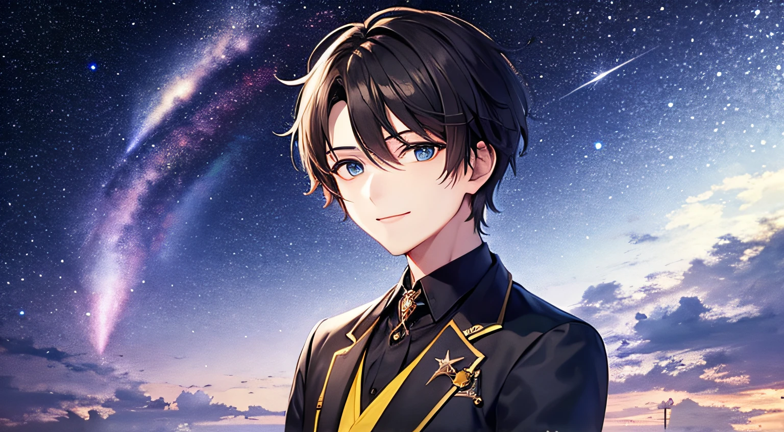 Smiling young man、nigh sky、A dark-haired、Blue eyes、One young man、short-hair、starrysky