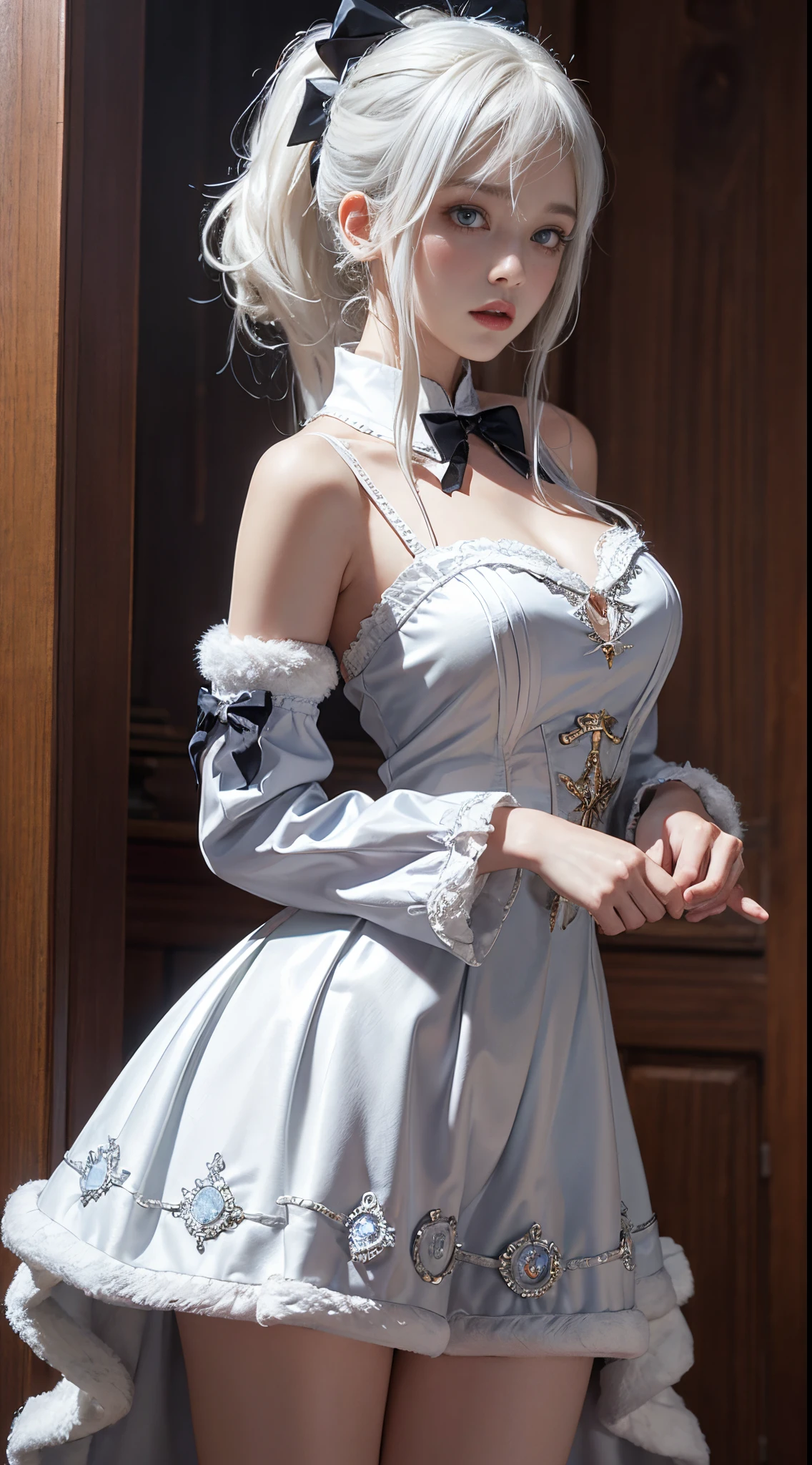 best quality, masterpiece, super high resolution, (realistic:1.4), original photo, 1girl, white legs, white eyes, ((white hair)), collarbone, dress, drilled hair, frilled dress, frilled dress, glove, hair accessory, high resolution, league of legends, long hair, parted lips, fluffy sleeves, white pupils, smile, solo, white dress, x, x hair ornament, delicate face, standing, eyeliner, lipstick, lips, red lips, ((white stockings)), (blush), White eyelashes