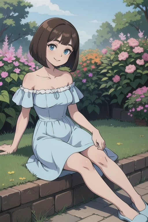 Bianca, brown hair, bob cut, medium hair, blue eyes, soft skin, smile, Light Blue Dress, Strapless Light Blue Dress, Ruffle Off-the-Shoulder Top, Off-the-Shoulder Dress, Long Skirt, Blue slippers, anime, masterpiece, best illustration, 2d, very high resolution, 1girl, garden background.