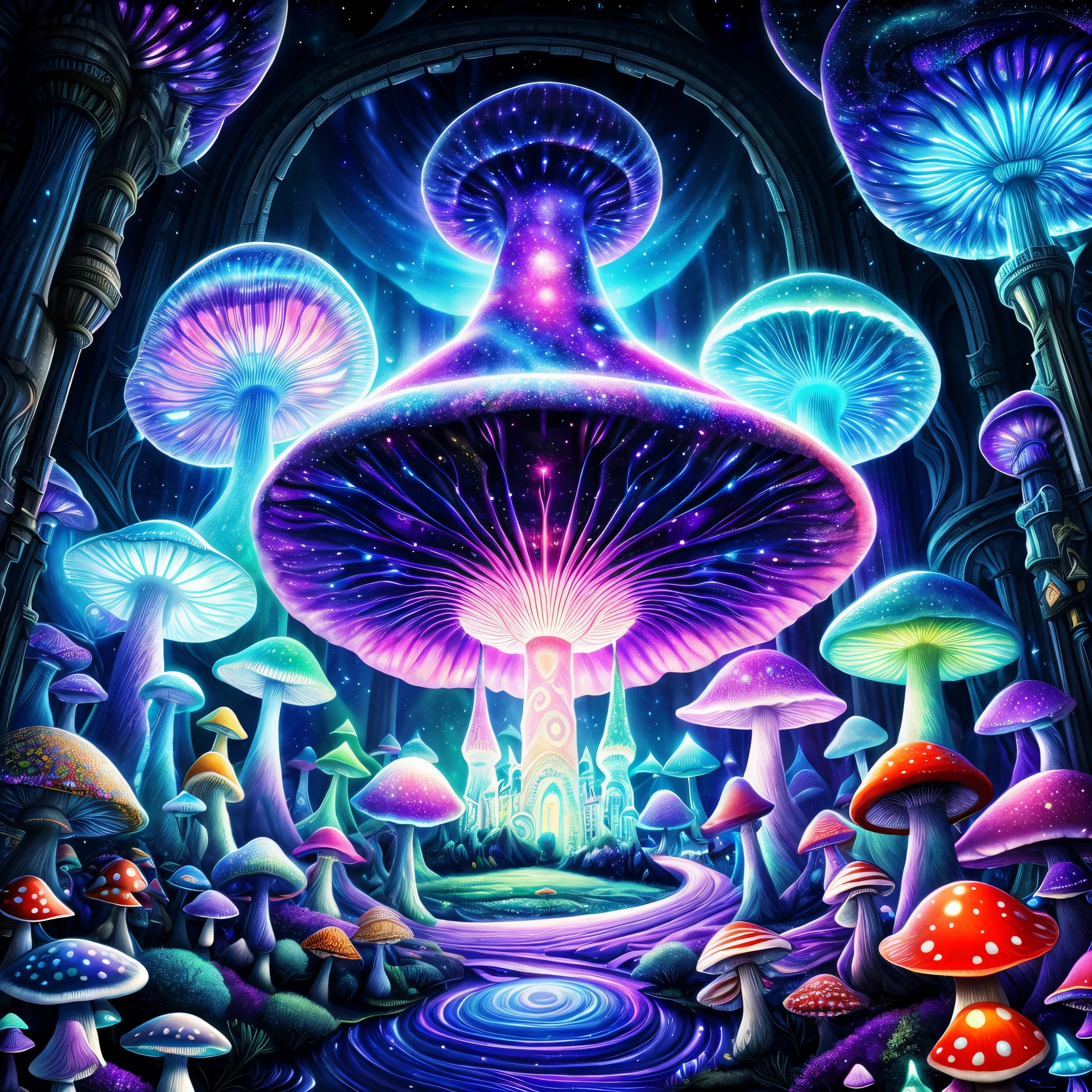 (Best quality at best, 8K, A high resolution, tmasterpiece:1.2), ultra - detailed, (actual, realistically:1.37), vibrant with colors, magical ambiance, Whimsical, ((The mushroom world is my home. Real details of virtual glowing bioluminescent mushroom mega city inside jellyfish floating in dark sea, The dark metropolis at night is like a spiritual journey through a mushroom forest, cosmic, heavenly, god light, ornate detail, Cinematic, professional, tmasterpiece, commissioned, Best quality at best, Color correction, Fixed in posts, sci-fy, 城市, A WORLD, macro, covert)), Surreal, Psychedelic, Complicated details, Beautiful texture, Ethereal, like a dream, Soft glowing light, Charming Patterns, fantastical creature, Hidden surprises, dreamlike landscapes, Surreal color palette, Mystic aura, ultra-realistic realism, Enchanting journey, psychedelic trip, vivid imagination, immersive experience, mysterious creature, otherworldly charm, glowing paths, Light up magic mushrooms, surreal environment, Whimsical castle, a magical encounter,Fascinating artwork