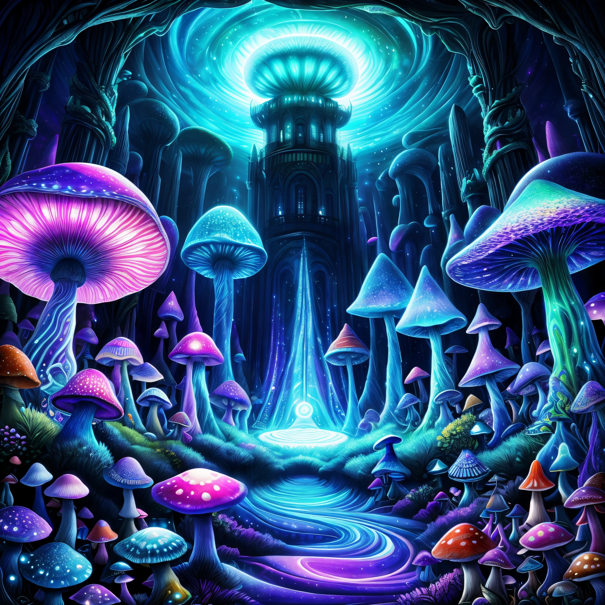 (Best quality at best, 8K, A high resolution, tmasterpiece:1.2), ultra - detailed, (actual, realistically:1.37), vibrant with colors, magical ambiance, Whimsical, ((The mushroom world is my home. Real details of virtual glowing bioluminescent mushroom mega city inside jellyfish floating in dark sea, The dark metropolis at night is like a spiritual journey through a mushroom forest, cosmic, heavenly, god light, ornate detail, Cinematic, professional, tmasterpiece, commissioned, Best quality at best, Color correction, Fixed in posts, sci-fy, 城市, A WORLD, macro, covert)), Surreal, Psychedelic, Complicated details, Beautiful texture, Ethereal, like a dream, Soft glowing light, Charming Patterns, fantastical creature, Hidden surprises, dreamlike landscapes, Surreal color palette, Mystic aura, ultra-realistic realism, Enchanting journey, psychedelic trip, vivid imagination, immersive experience, mysterious creature, otherworldly charm, glowing paths, Light up magic mushrooms, surreal environment, Whimsical castle, a magical encounter,Fascinating artwork