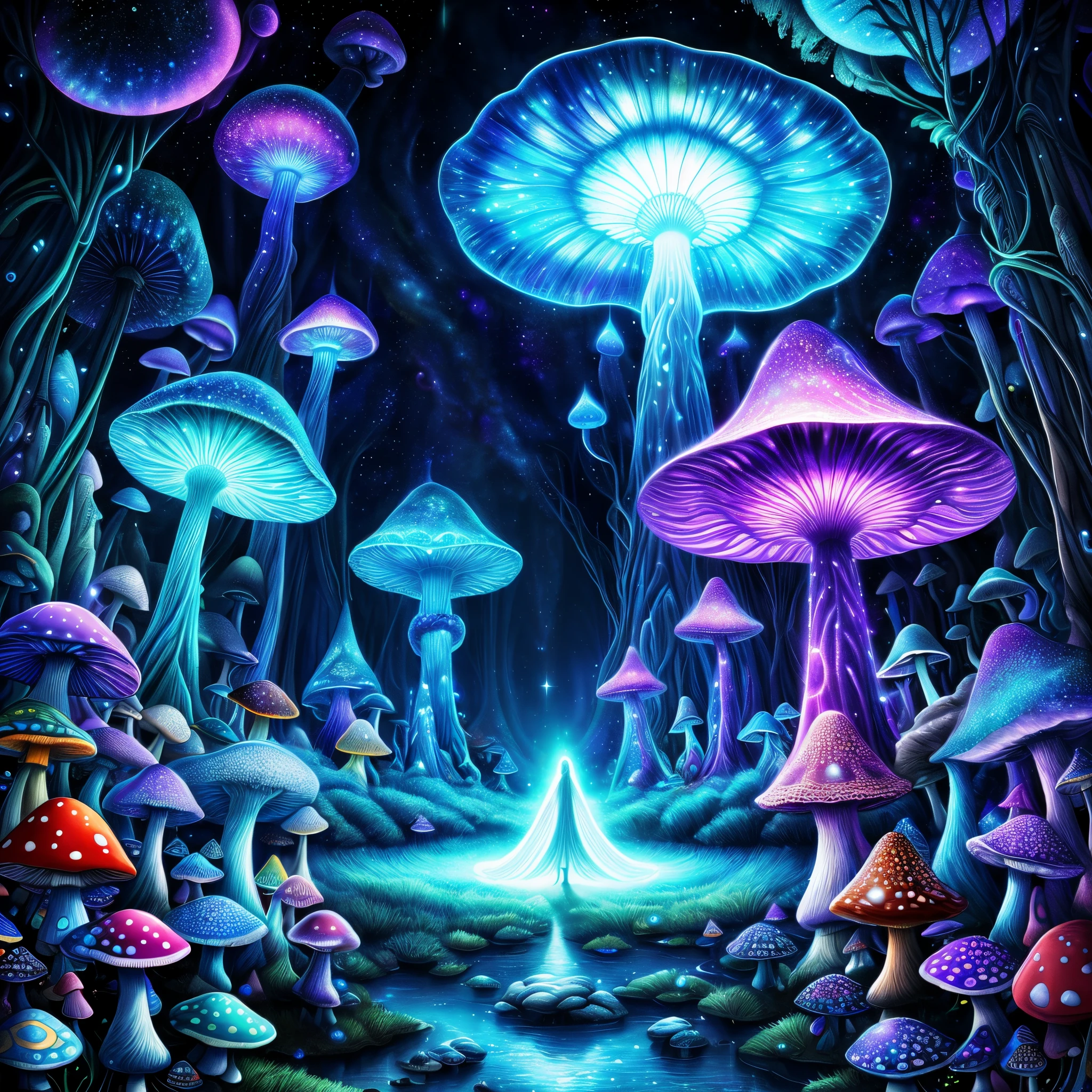(Best quality at best, 8K, A high resolution, tmasterpiece:1.2), ultra - detailed, (actual, realistically:1.37), vibrant with colors, magical ambiance, Whimsical, ((The mushroom world is my home. Real details of virtual glowing bioluminescent mushroom mega city inside jellyfish floating in dark sea, The dark metropolis at night is like a spiritual journey through a mushroom forest, cosmic, heavenly, god light, ornate detail, Cinematic, professional, tmasterpiece, commissioned, Best quality at best, Color correction, Fixed in posts, sci-fy, 城市, A WORLD, macro, covert)), Surreal, Psychedelic, Complicated details, Beautiful texture, Ethereal, like a dream, Soft glowing light, Charming Patterns, fantastical creature, Hidden surprises, dreamlike landscapes, Surreal color palette, Mystic aura, ultra-realistic realism, Enchanting journey, psychedelic trip, vivid imagination, immersive experience, mysterious creature, otherworldly charm, glowing paths, Light up magic mushrooms, surreal environment, Whimsical castle, a magical encounter,Fascinating artwork