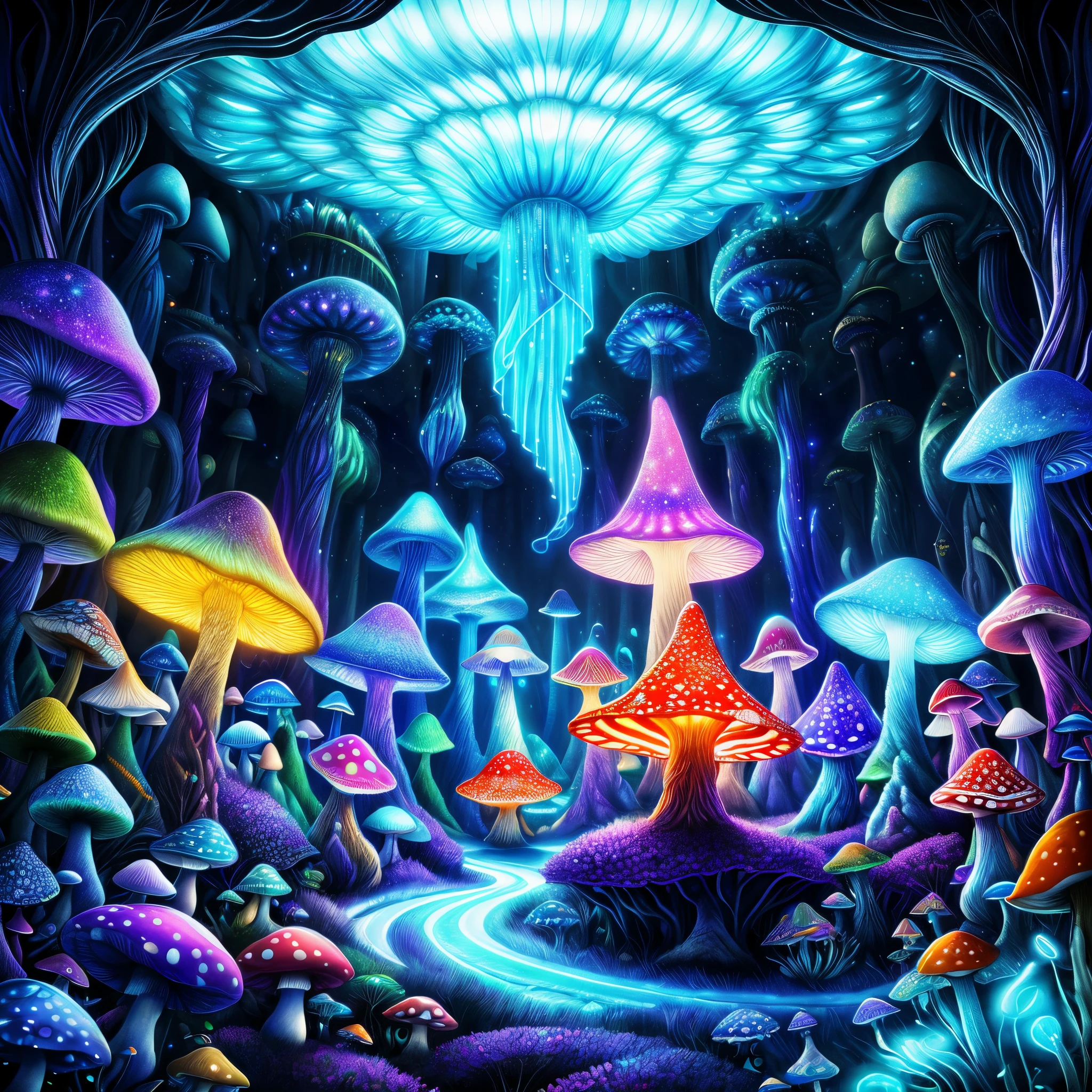 (Best quality at best, 8K, A high resolution, tmasterpiece:1.2), ultra - detailed, (actual, realistically:1.37), vibrant with colors, magical ambiance, Whimsical, ((The mushroom world is my home. Real details of virtual glowing bioluminescent mushroom mega city inside jellyfish floating in dark sea, The dark metropolis at night is like a spiritual journey through a mushroom forest, cosmic, heavenly, god light, ornate detail, Cinematic, professional, tmasterpiece, commissioned, Best quality at best, Color correction, Fixed in posts, sci-fy, 城市, A WORLD, macro, covert)), Surreal, Psychedelic, Complicated details, Beautiful texture, Ethereal, like a dream, Soft glowing light, Charming Patterns, fantastical creature, Hidden surprises, dreamlike landscapes, Surreal color palette, Mystic aura, ultra-realistic realism, Enchanting journey, psychedelic trip, vivid imagination, immersive experience, mysterious creature, otherworldly charm, glowing paths, Light up magic mushrooms, surreal environment, Whimsical castle, a magical encounter,Fascinating artwork