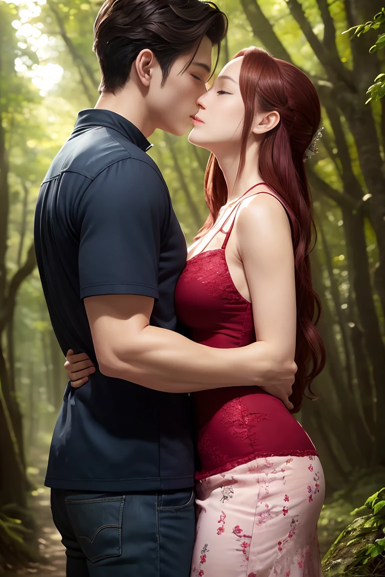 Man and woman hugging each other in the forest, female link and malon kissing, peasant boy and girl first kiss, Grégoire and Manon, lovely kiss, A kiss is a spell without words, fairy tale style background, Girl has huge breasts with red hair, thicc thighs,The boy is a liar Naruto, Strong body, Anatomy correctly, 准确,nffsw